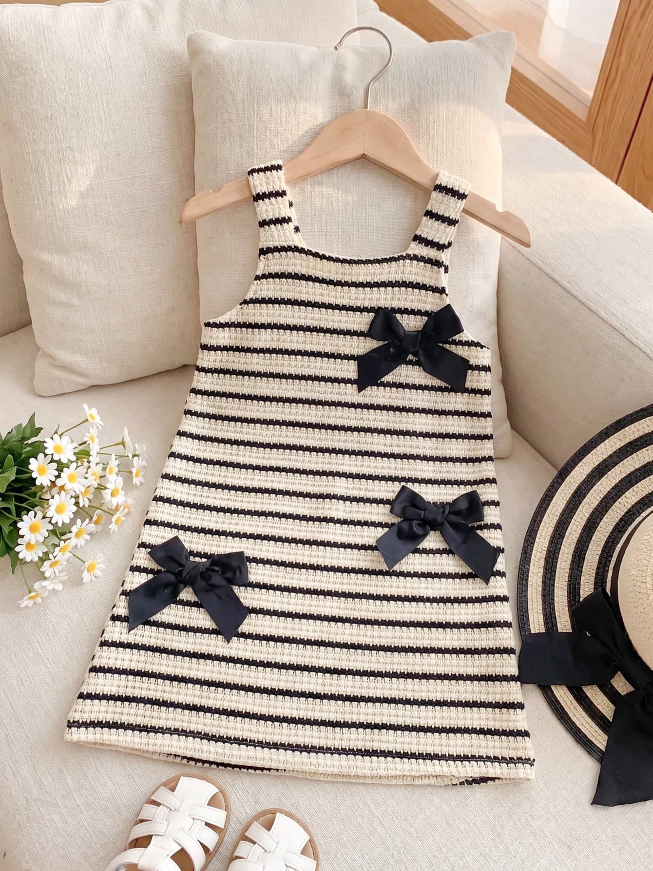 SHEIN Playful Pals 1pc Young Girls Apricot & Black Striped Knit Jacquard Striped Dress With Large Bow 3D Decor, Vintage Cute Fashion Korean Style Casual Simple Elegant Thick Strap Cami Mini Dress, Suitable For Summer Daily Outings, Travel, Vacation, Birthday Party, Photos, Park Visits And Versatile Occasions