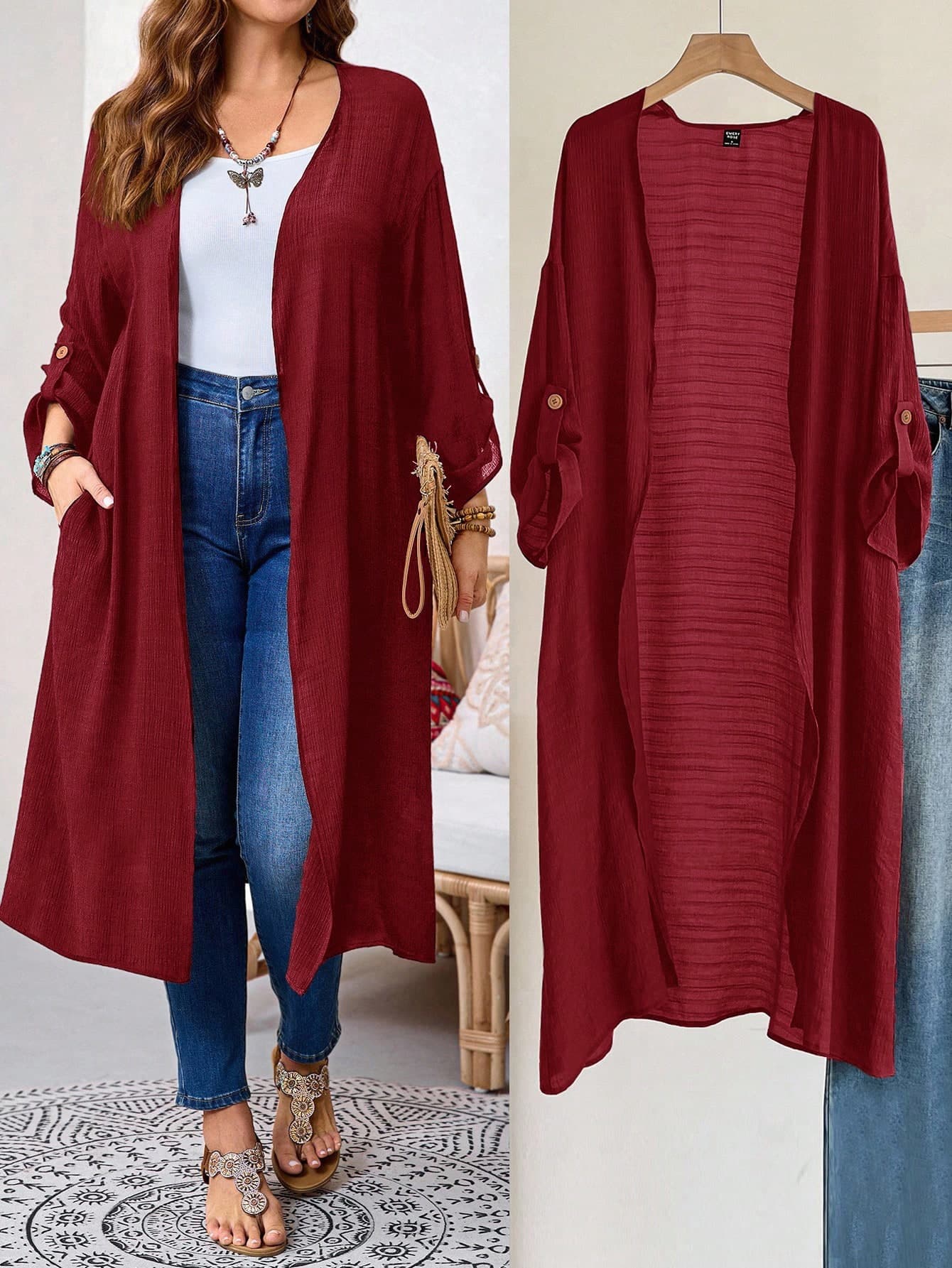 EMERY ROSE Plus Size Women's Solid Color Casual Versatile Daily Wear Long Sleeve Maxi Robe