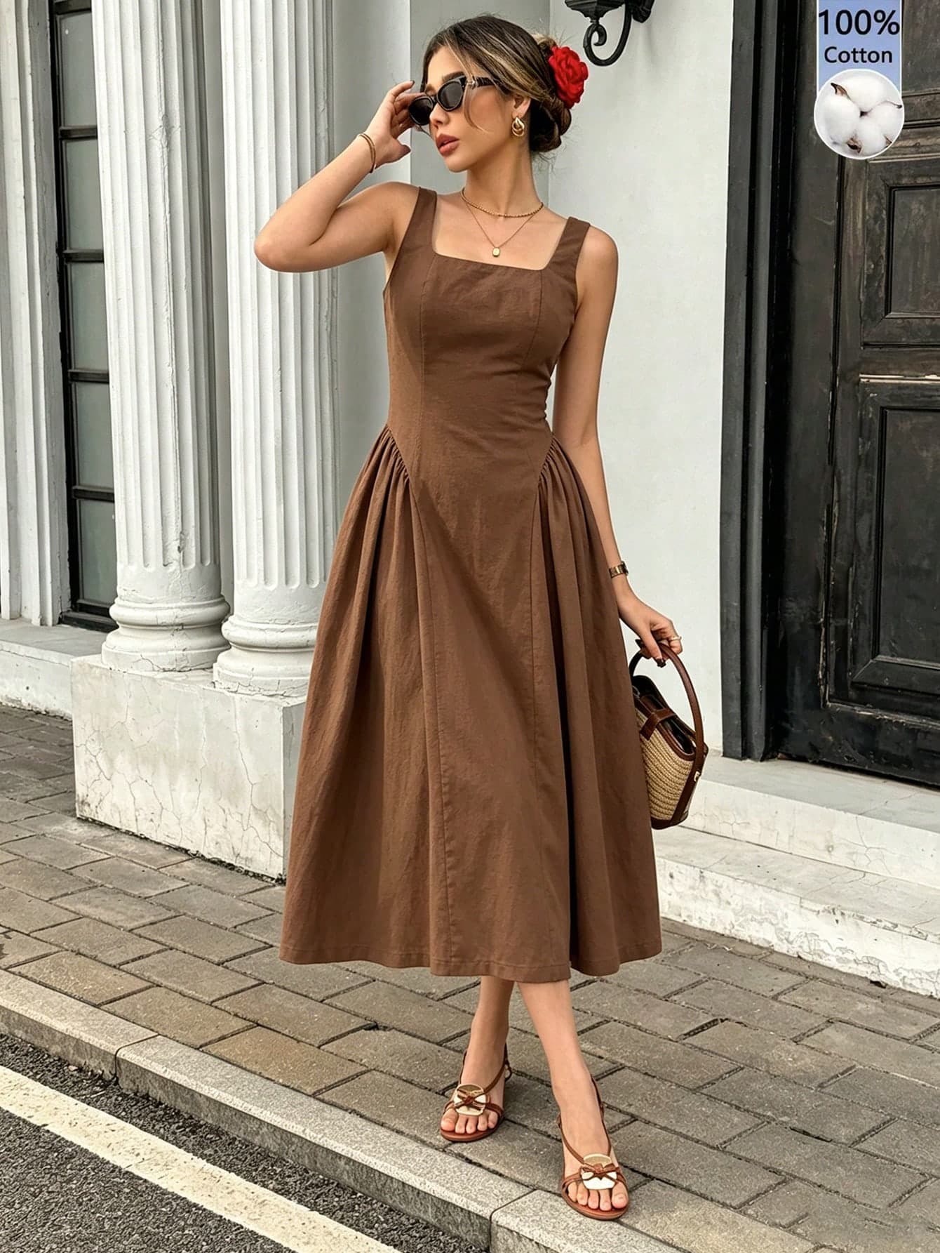 SHEIN PariChic Women's French Elegant Pleated Square Neck Dress
