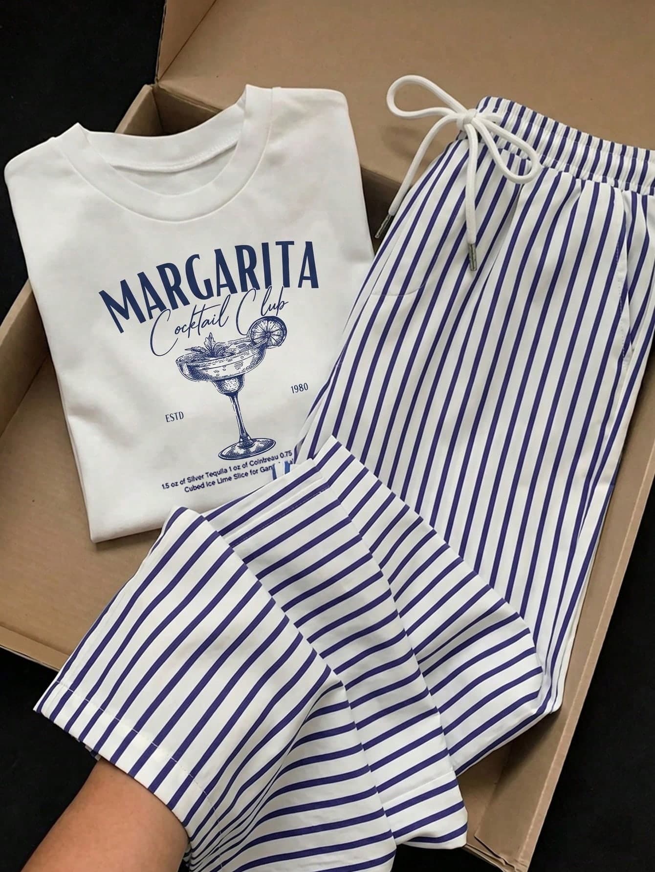 Comfortcana 2pcs Set Embroidered Round Neck Short Sleeve Top White And Blue Blue And White Striped Print Pants Casual Tropical Summer Outfits For Women Vacation