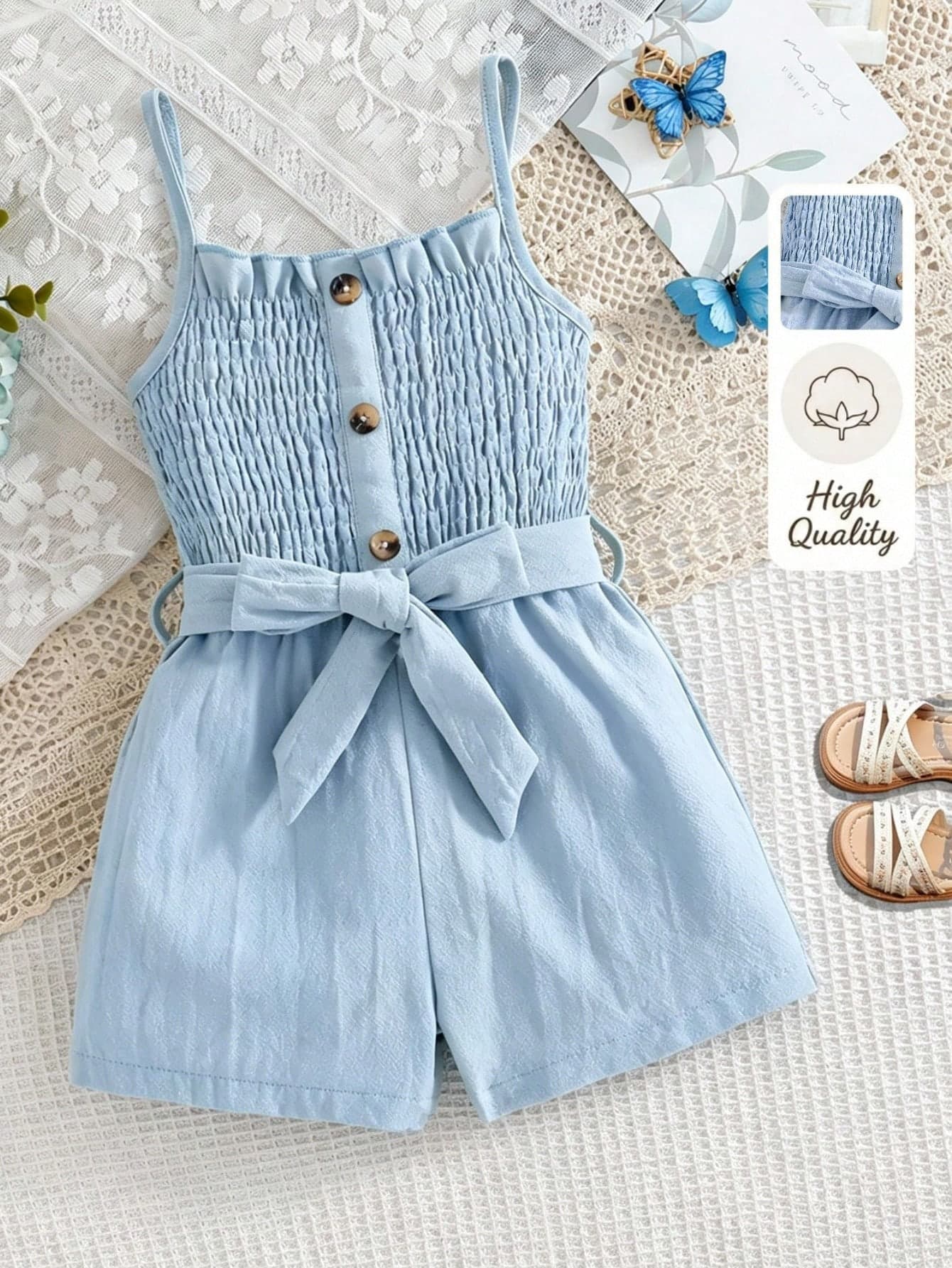 SHEIN Genkimix Kids Spring/Summer New Women's Toddler Mori Style Casual Vacation Pure Cotton Cute Ruffle Strap Cinched Waist Bow Stud Button Jumpsuit