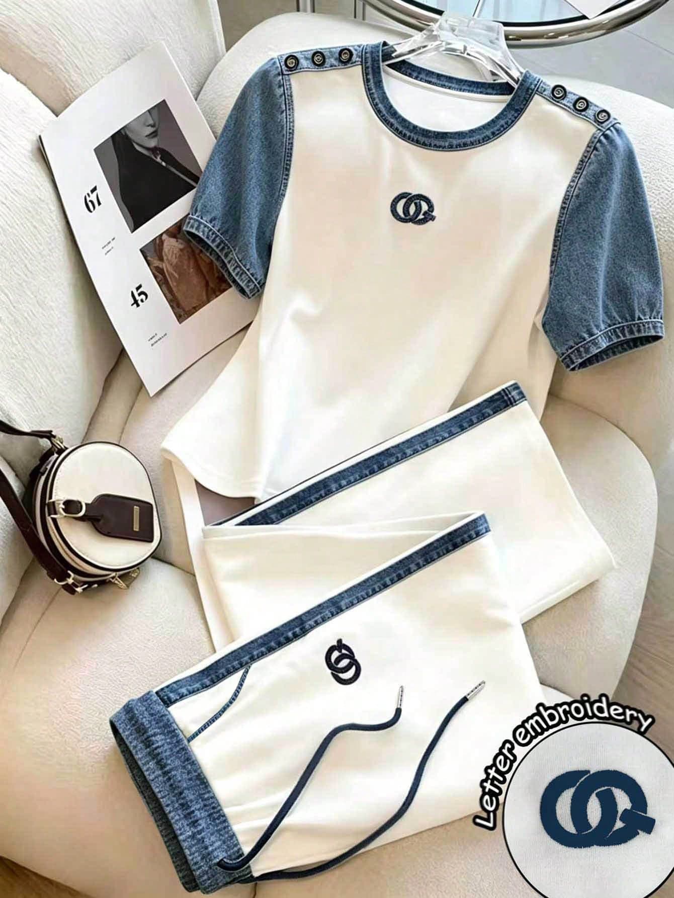 Resyla Women's Summer Casual Color Block Patchwork T-Shirt And Shorts 2 Pieces Set
