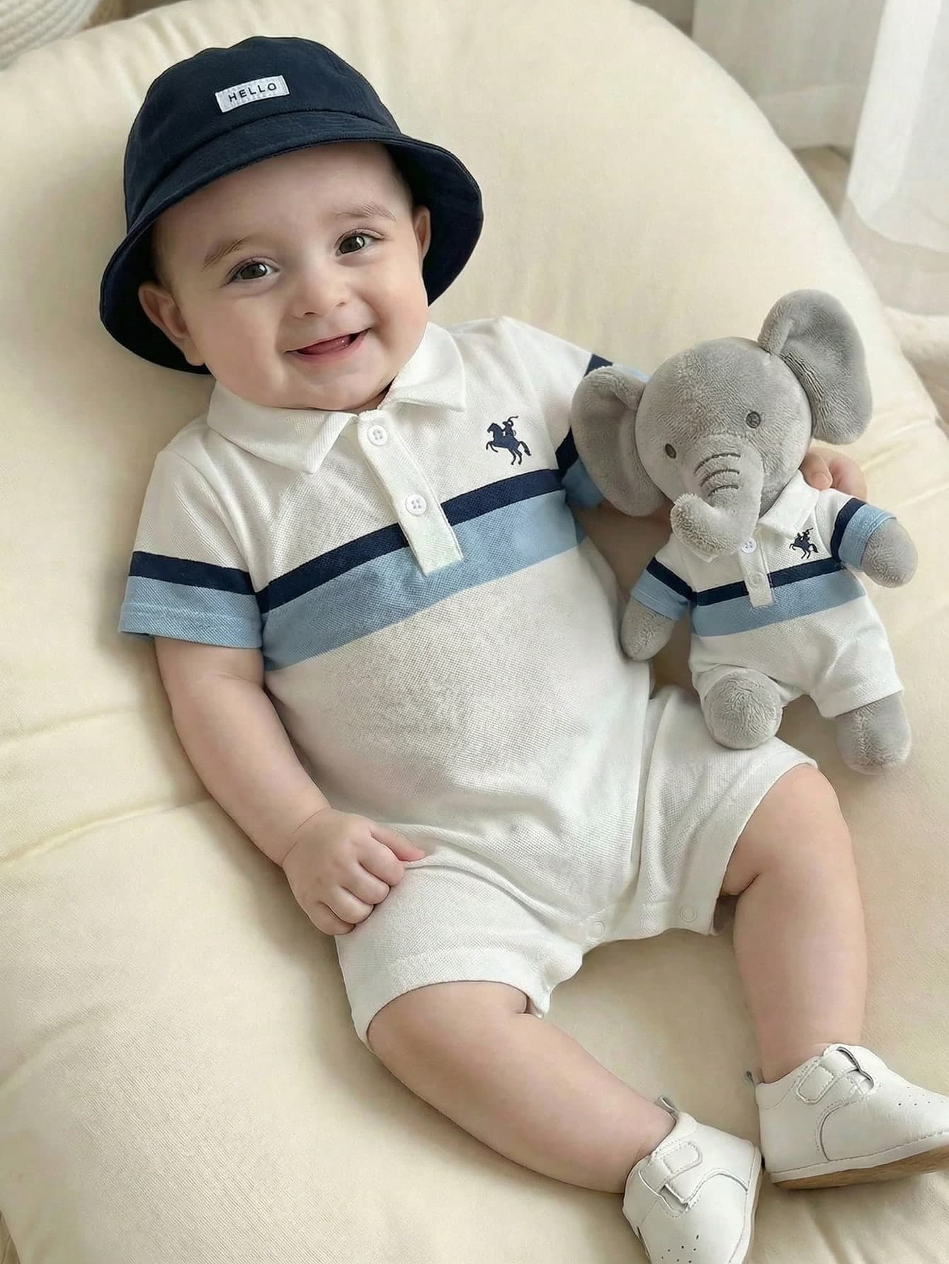 SHEIN 2pcs Newborn Baby Boy Unisex Baby Clothes Casual Cute Simple White Knit Print Pattern Short Sleeve Romper And Hat Set, Suitable For Birthday Party, Rave, Evening Party, Performance, Wedding, Full Moon, Baptism And First Birthday Celebration