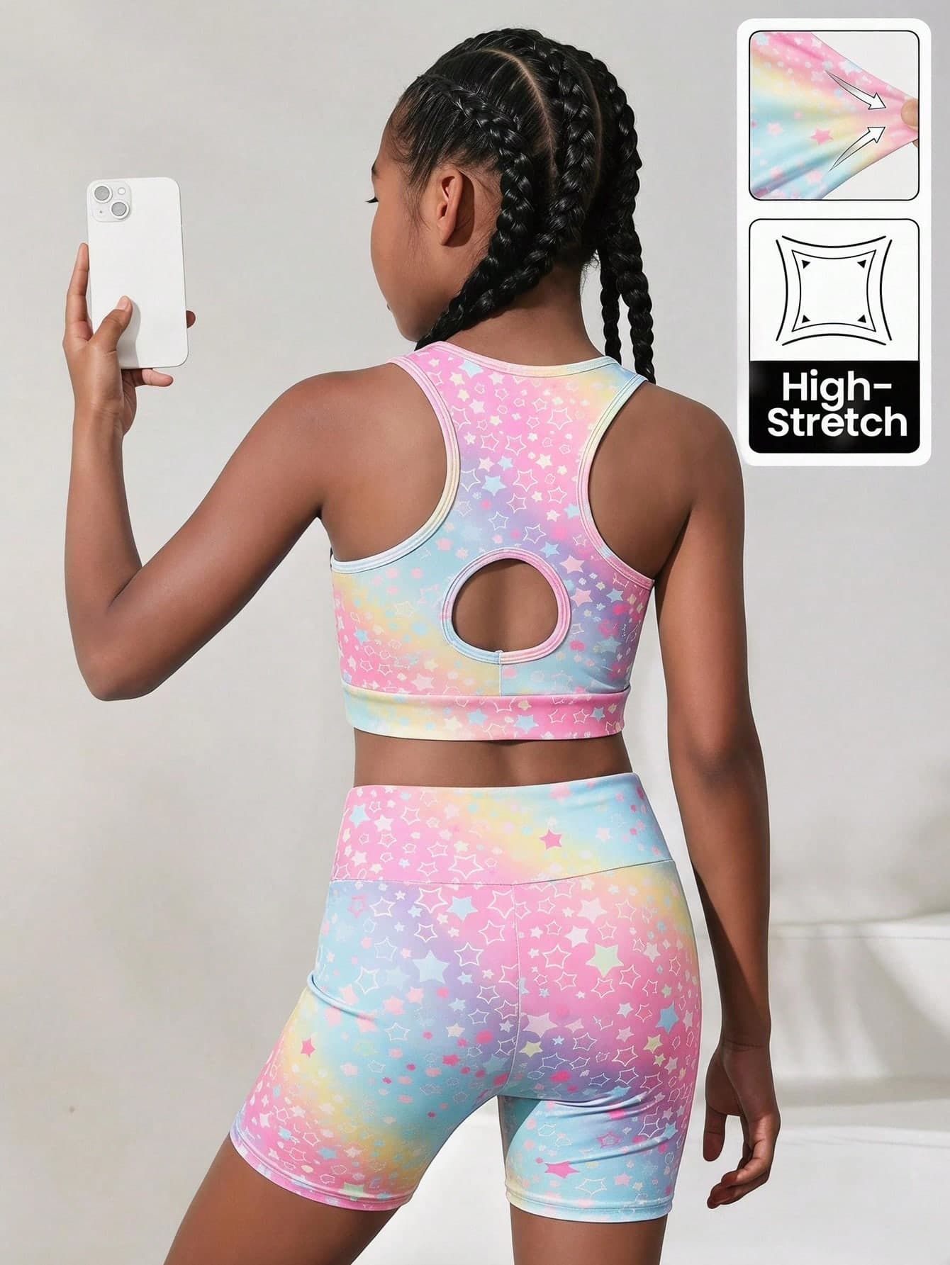 SHEIN Tween Girls Knit Macaron Color Star Print Back Cutout Tank Top And Biker Shorts 2pcs Set, Suitable For Yoga, Sports, School Sports Meet, Back To School