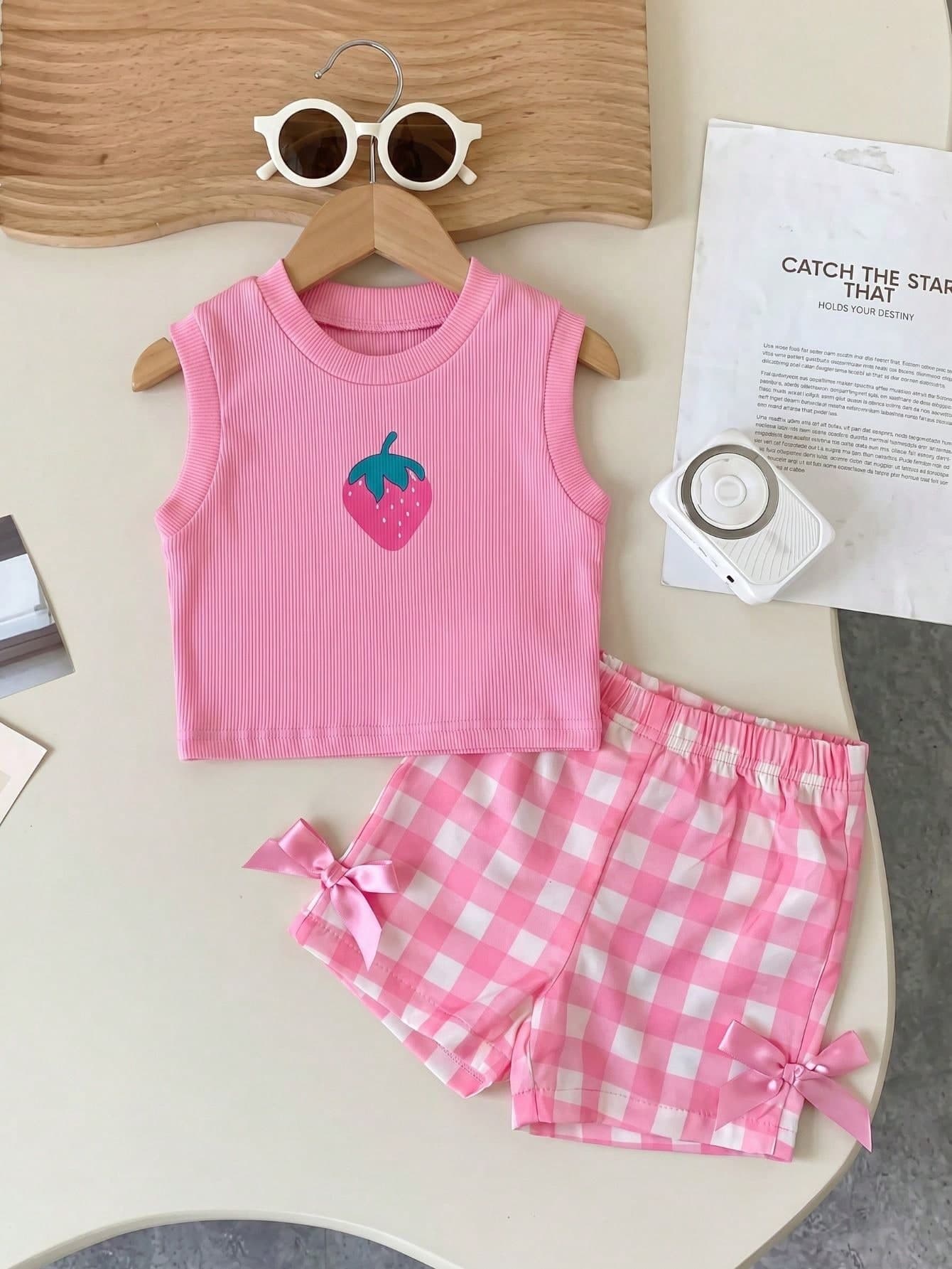 SHEIN Playful Pals Baby Girl Summer Blue Textured Sleeveless Top And Blue Plaid Shorts Set, Decorated With Blue Bow, Essential Daily Outfit