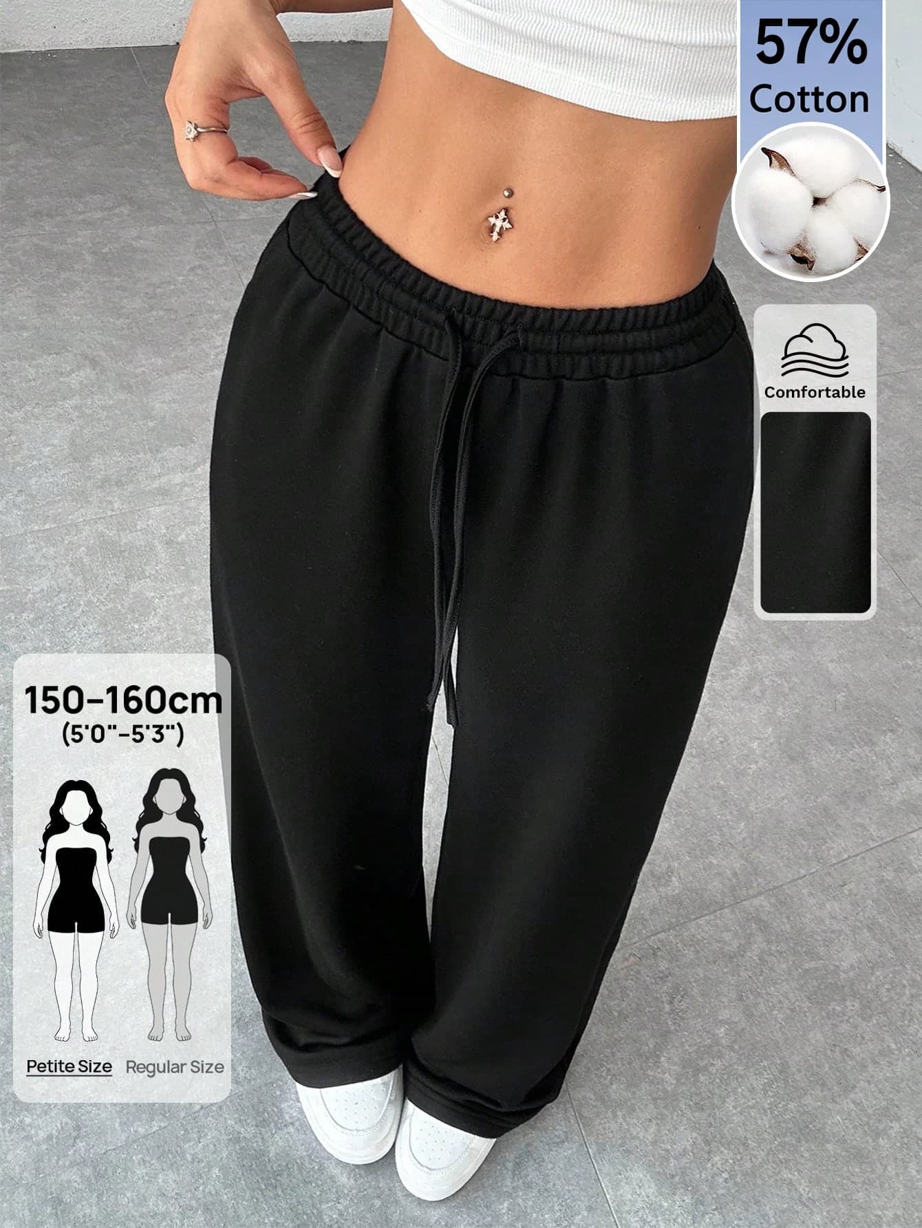 SHEIN PETITE Comfortable And Casual Solid Color Knitted Wide-Leg Women Sweatpants ,Petite Women