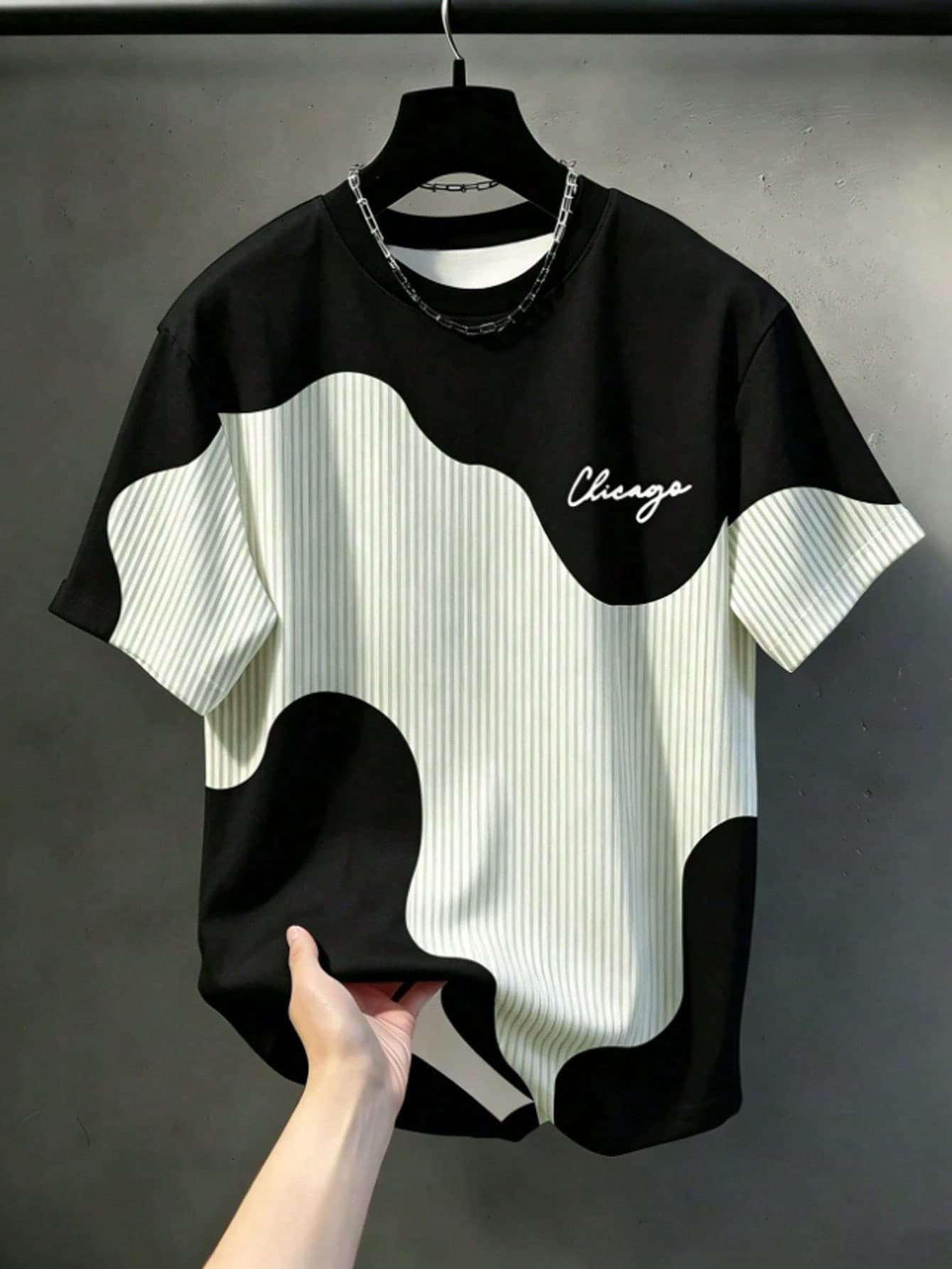 Manfinity Homme Men's Letter Stripe Crew Neck Short Sleeve Casual Versatile T-Shirt