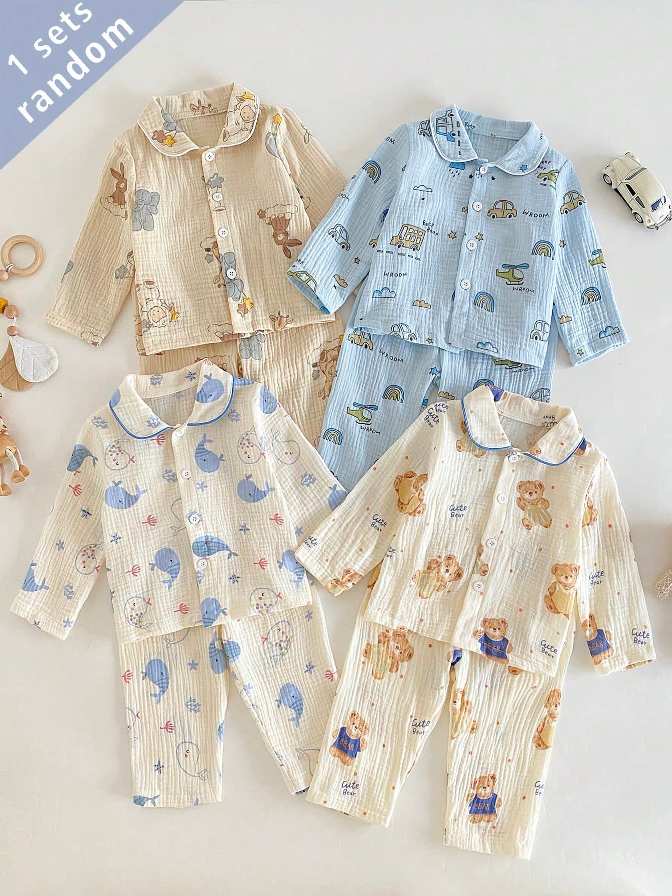 4 Sets Randomly Sent 1 Set Summer Autumn All Season Baby Boy Toddler Playful Cute Cartoon Car Airplane Ocean Whale Bear Moon Print Soft Comfortable Cotton Double Layer Crinkle Fabric Doll Collar Cardigan Long Sleeve Long Pants Loungewear