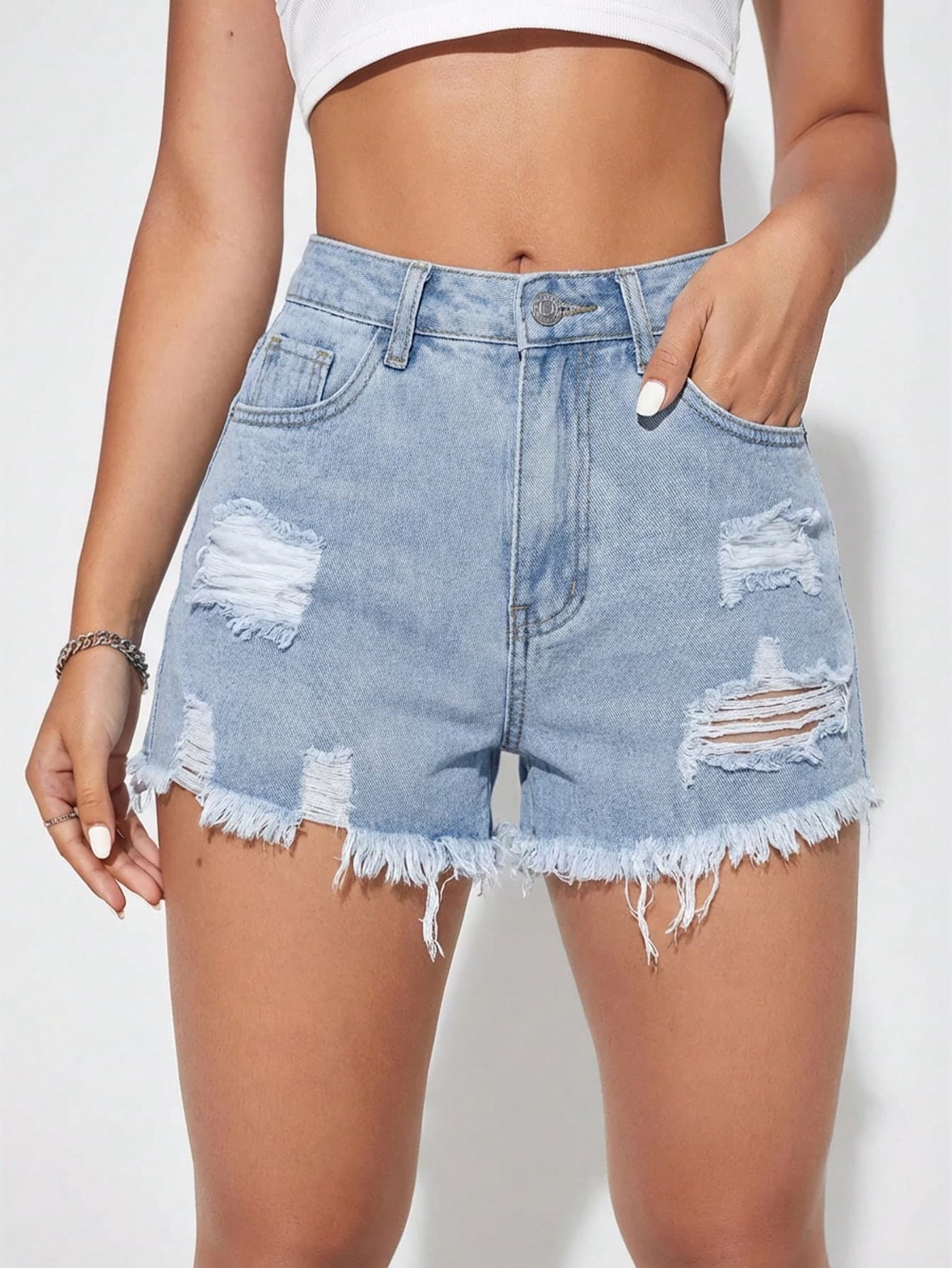 SHEIN Essnce Women's Fashion Casual Distressed Frayed Pocket Denim Shorts