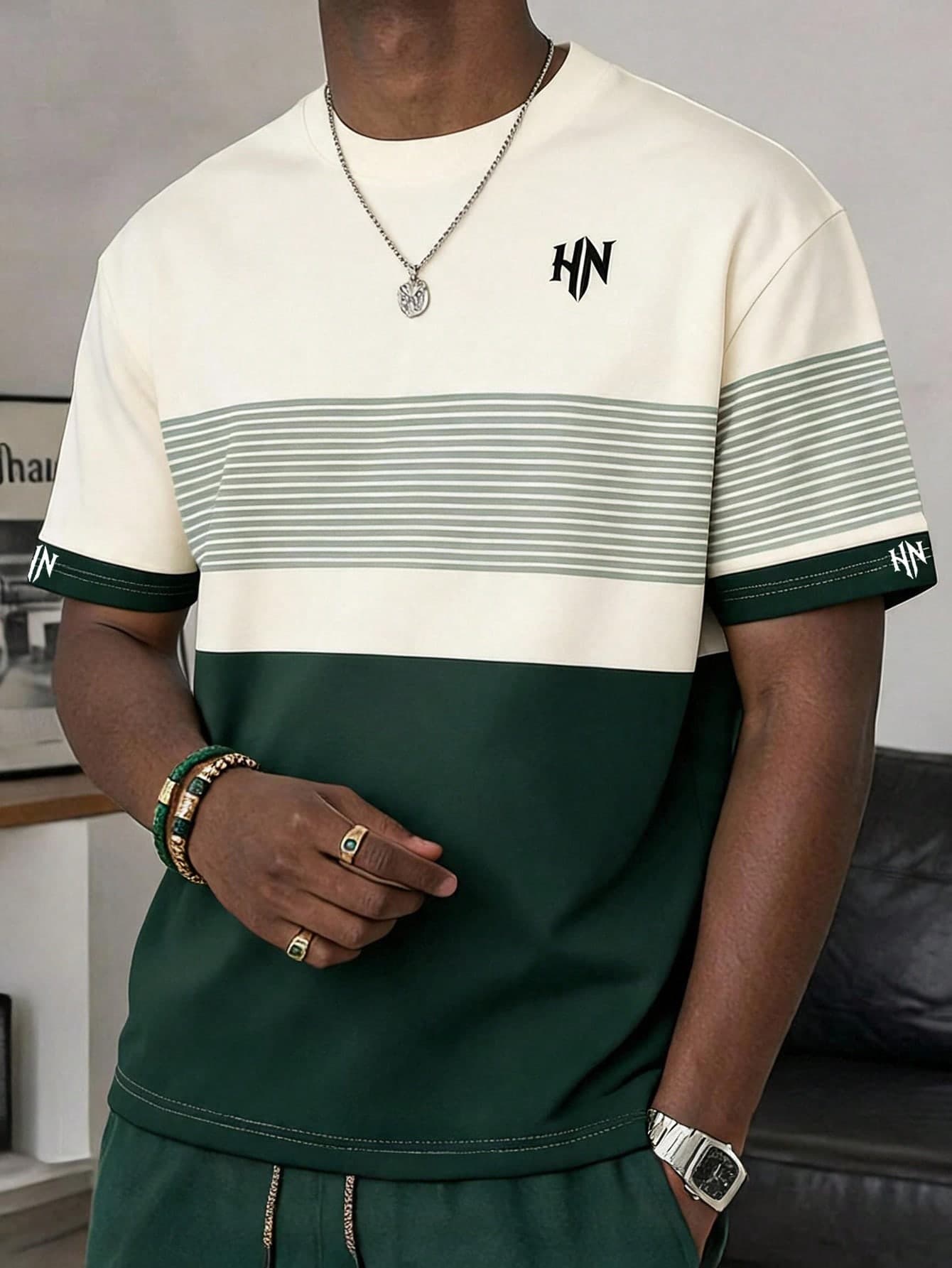 Manfinity Joysei Men's Casual Minimalist Green Striped Print T-Shirt, Suitable For Summer Outings