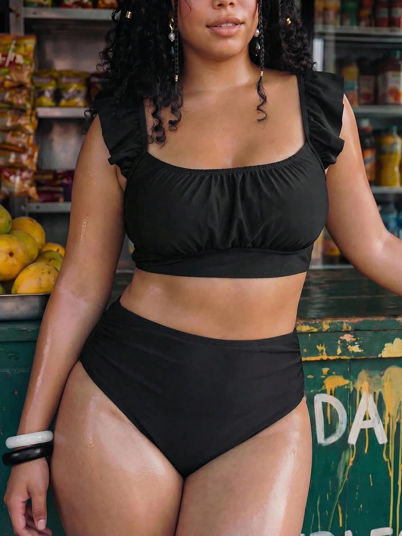 Swim Mod Plus Size Women's Summer Beach Solid Color Ruched Fashion Bikini Set