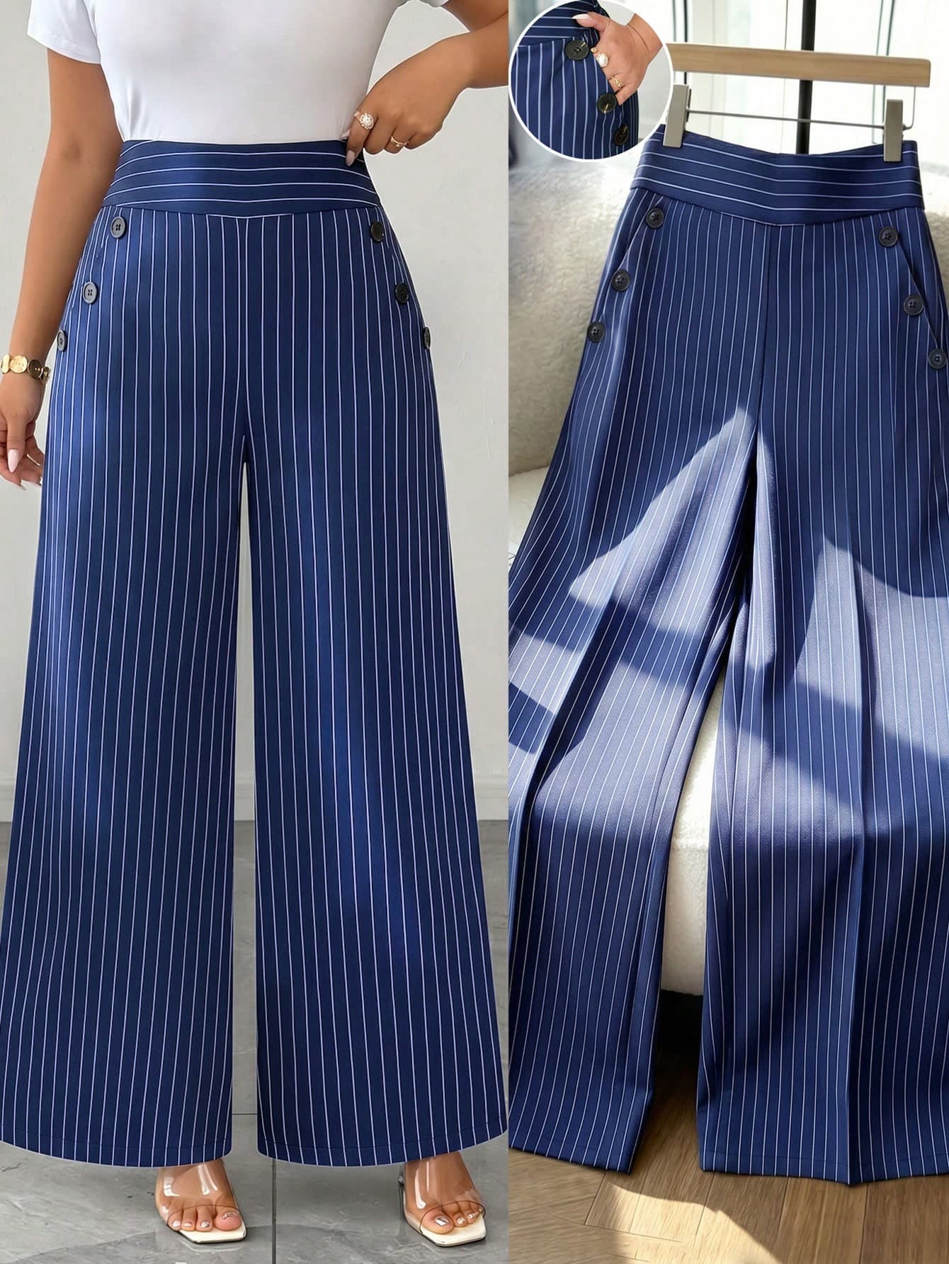 SHEIN Clasi Plus Size Women's Fashion Elegant Commute Striped Wide Leg Pants