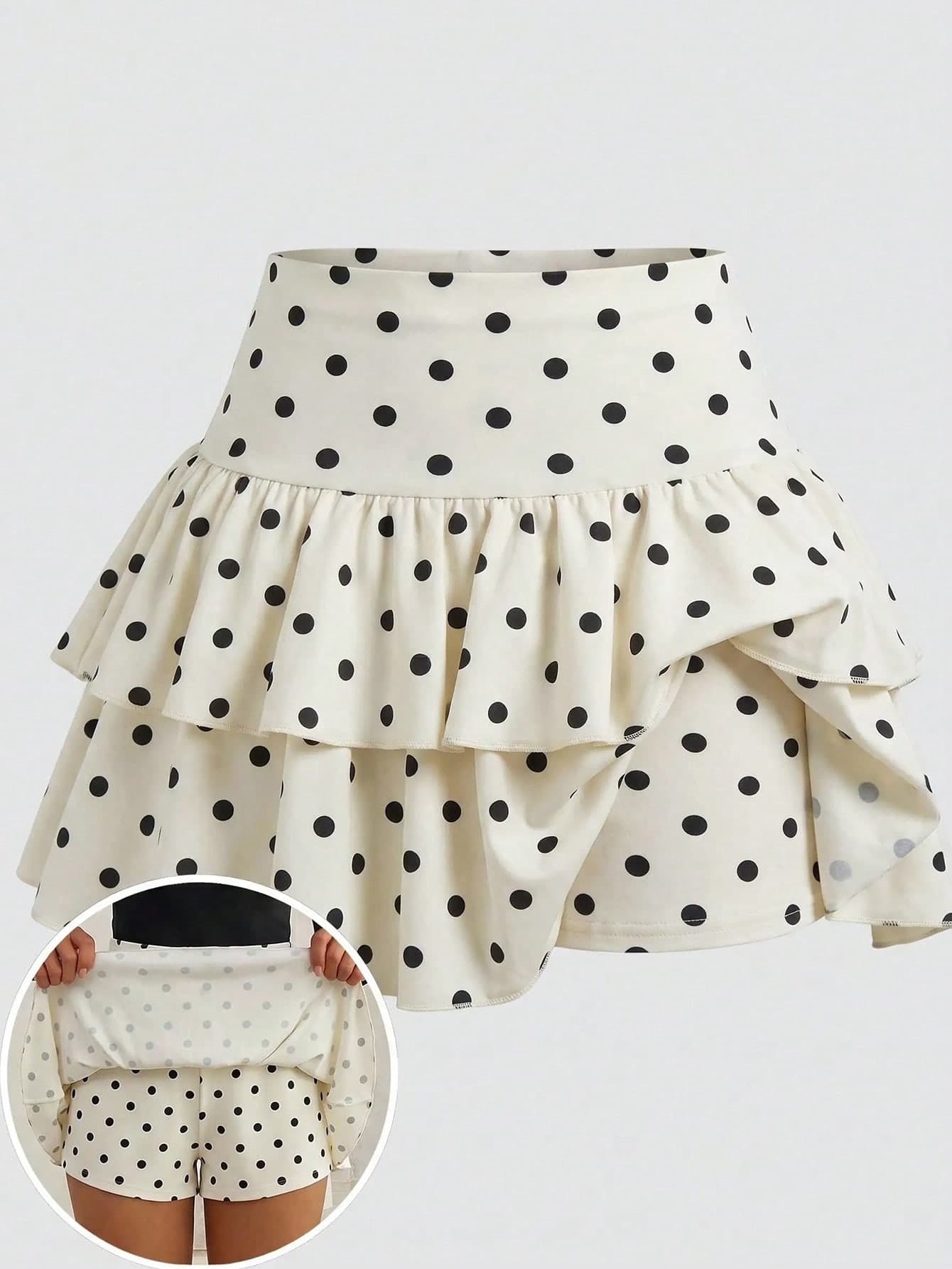 SHEIN Girlism Teen Girls Casual Cute, Sports, PreppyBlack Polka Dot Built-In Leggings Double Layer Ruffle Cake Skirt Basic, Daily Outing, Versatile, Back To School
