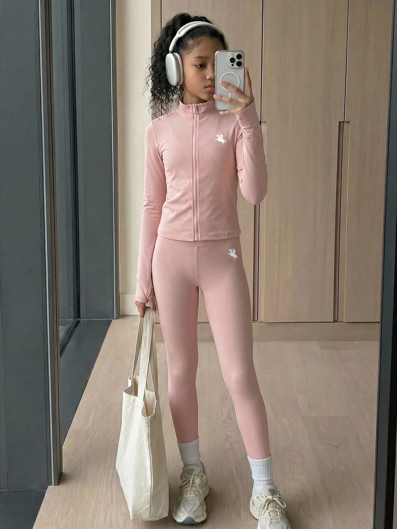 SHEIN Tween Girl Knight Print Zip-Up Long Sleeve Top And Leggings Sports Set