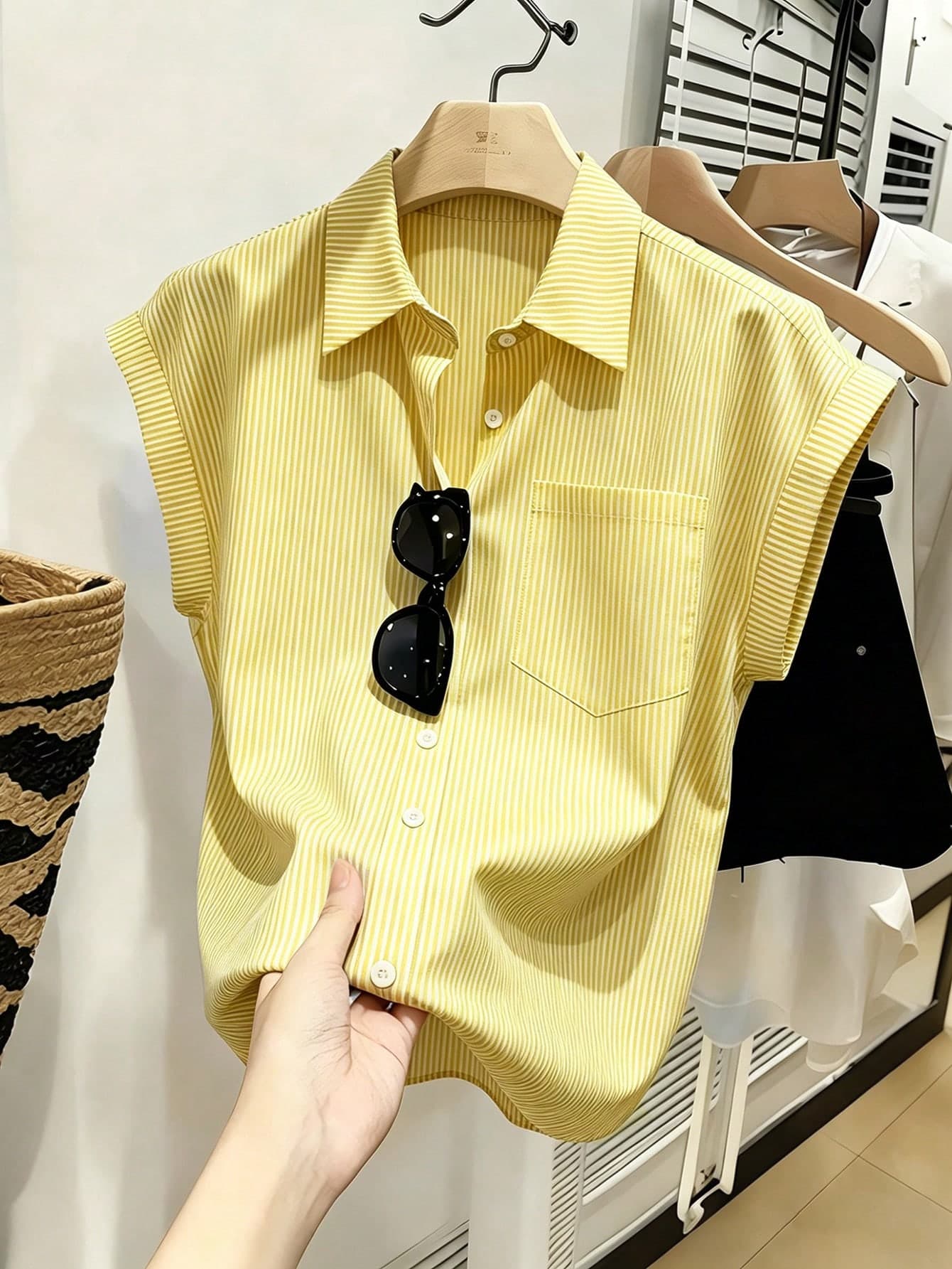 SHEIN Franclia Women's New Blue Striped Chest Pocket Design Loose Short Sleeve Outing Commute Daily Vacation Holiday Formal Casual Work Shirt Blouse