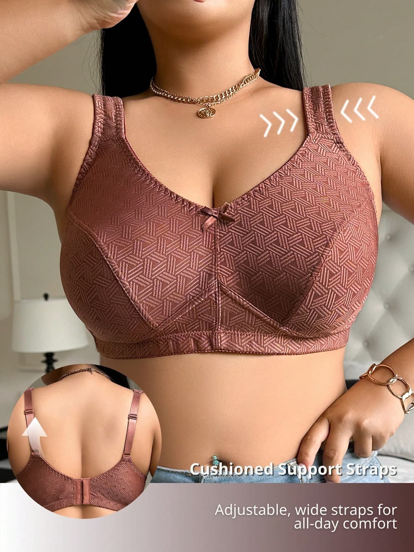 NudeFit Women's Plus Size Fashion Shiny Jacquard Bra,Comfortable Soft Sponge Non-Wired 1 Piece With Bow Decor,Adjustable Cushioned Support Shoulder Straps