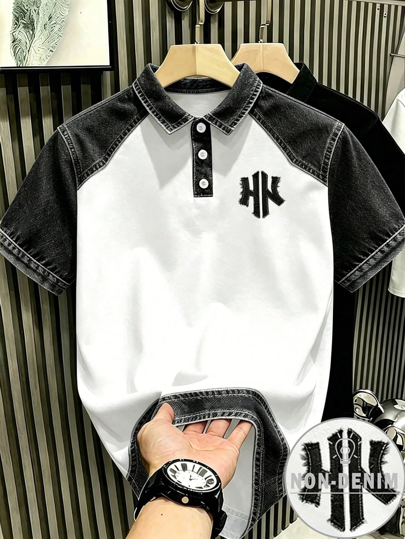 Manfinity Hypemode American Retro Faux Denim Distressed Color-Block NY Letter Polo Shirt,Men's Women's Graphic T-Shirt,Black N White,Summer,Smart Casual,Vacation Top