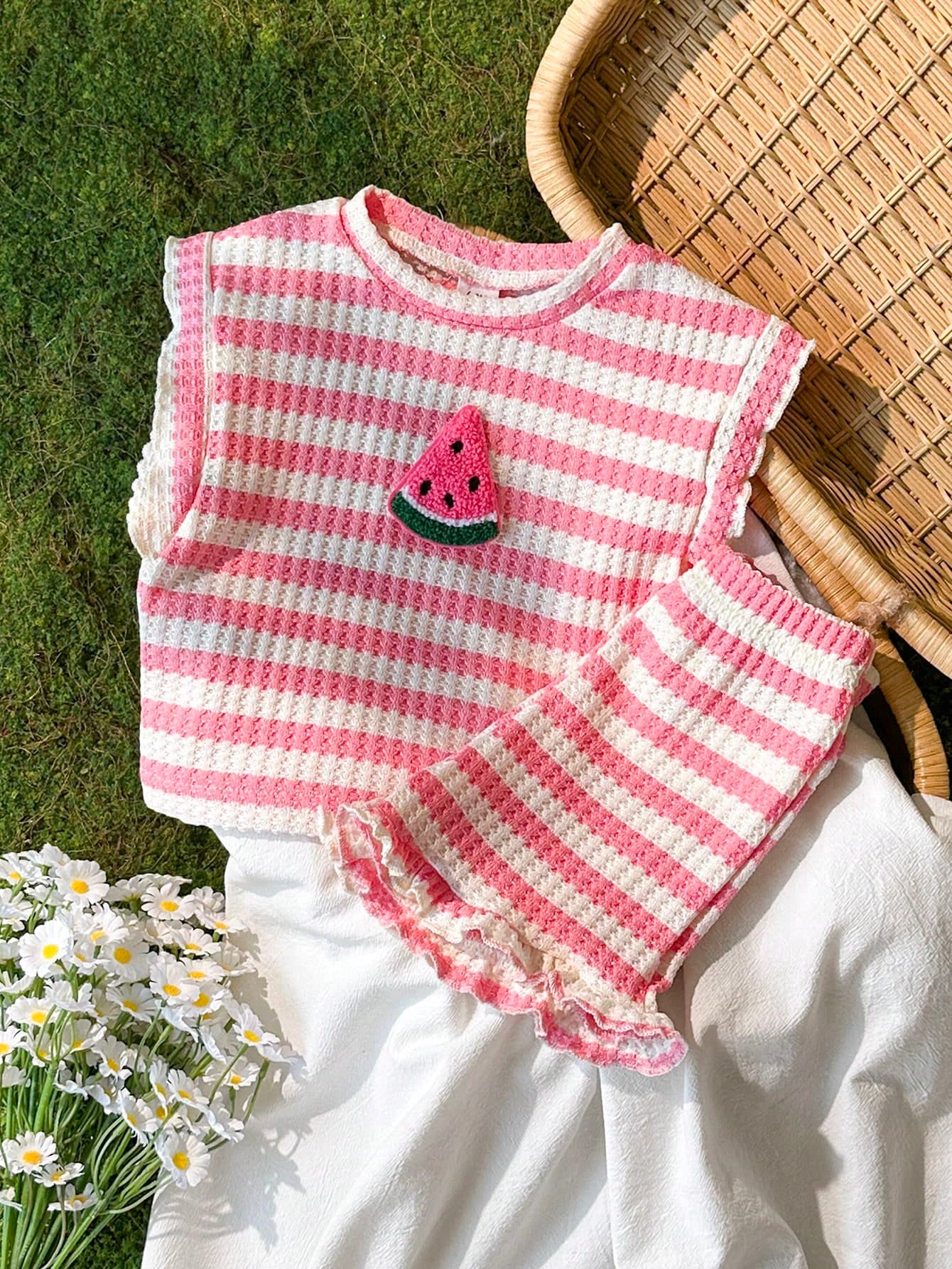 SHEIN Vintaside Kids 2pcs Baby Girl Infant Toddler 0-3 Years Spring Summer Casual Daily Vacation Textured Pink Apricot Colorful Striped Ruffle Sleeve Round Neck Tee Shirt And Shorts Cute Island Beach Vacation Set
