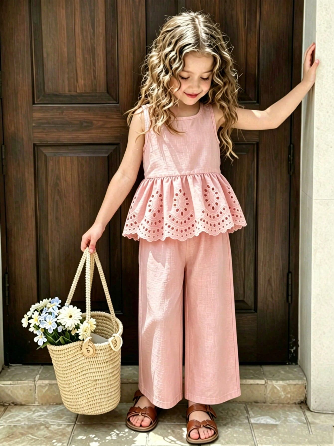 Elladie kids Girls' Summer 2-Piece Set, Blue Sleeveless Top + Wide-Leg Pants, Perfect Summer Outfit For Big Girls! Sleeveless Round Neck Top With Simple And Elegant Design, Hollow Embroidery Detail On Hem For A Delicate And Lively Look, Showcasing A Sweet Elegant; A Complete Set For Daily School, Park Outings, Best Friend Gatherings And More