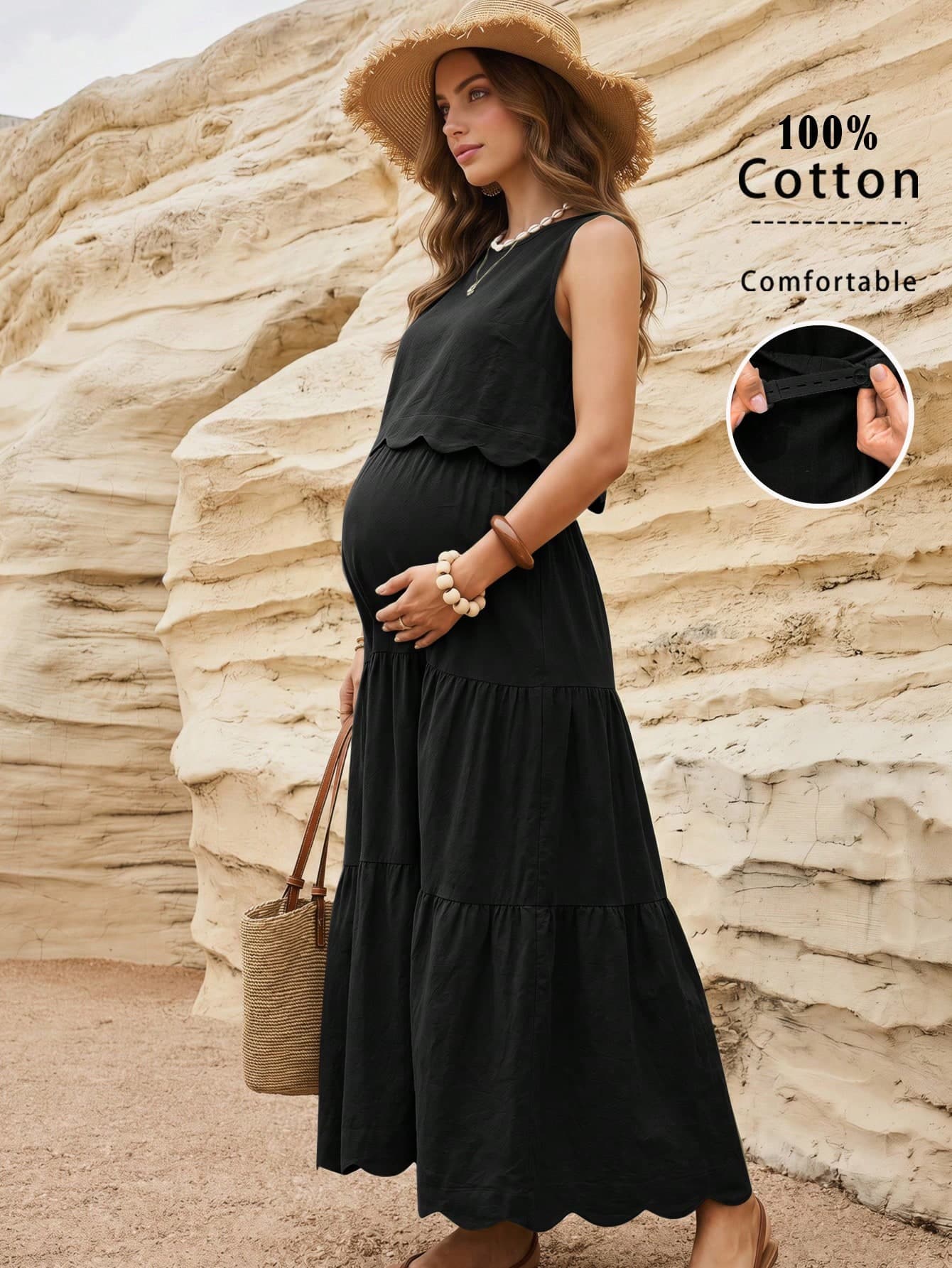 Boho Mama Maternity Solid Color Round Neck Top And Adjustable Waist Skirt Casual Maternity Daily Two Pieces Set Photoshoot Summer