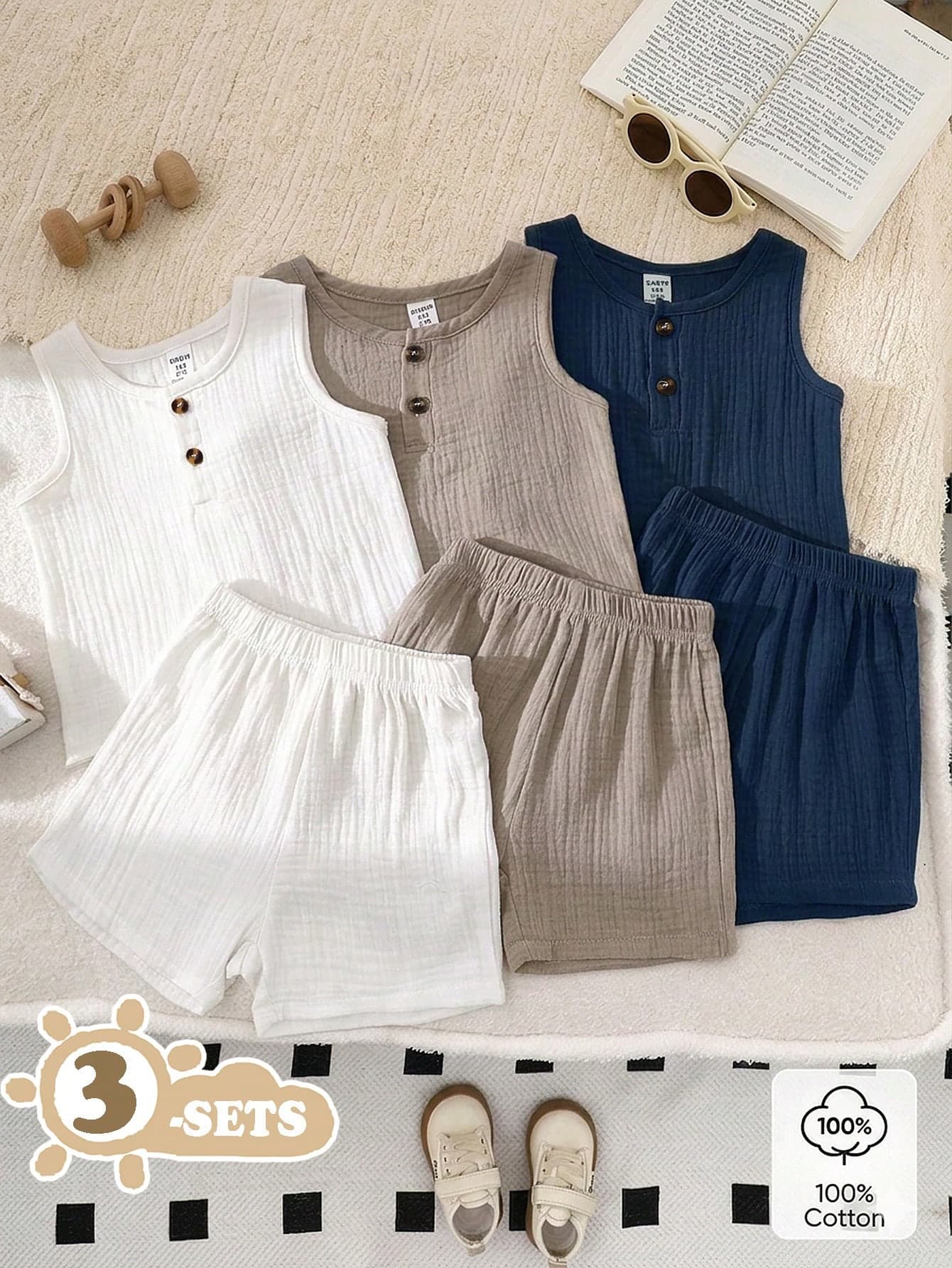 SHEIN Vintaside Kids 3pc New Born Baby Kid Boy Girl Sun Chic Cute Rib Knit Soft Thin Top Pant Vest Short Set Pack Lot Kit Bulk Play Day Wear Park Beach Trip Hot Summer Fit
