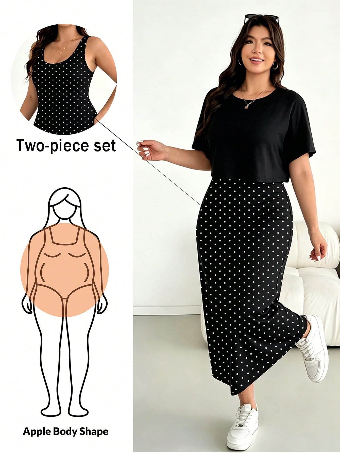 Shapeblank 2pcs/Set Casual Vacation Black Short Sleeve T-Shirt & Retro Polka Dot Print Sleeveless Dress, Plus Size Women Summer Outfit