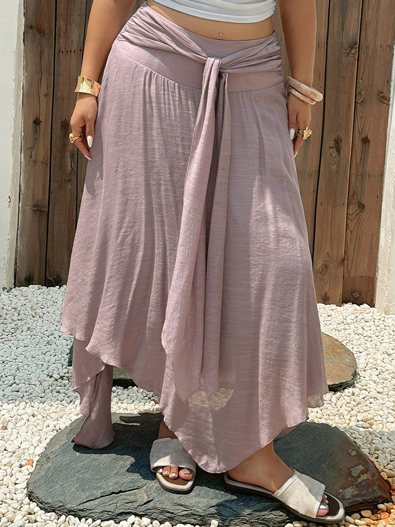 Dazy Plus Solid Color Waist Tie Hem Asymmetric A-Line Vacation Style Casual Plus Size Women's Spring Summer Pink Purple Long Skirt