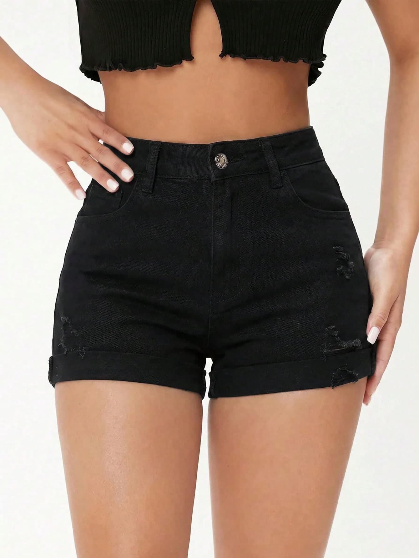 SHEIN PETITE Women's Pocket Button Casual Versatile Daily Denim Shorts ,Petite Women
