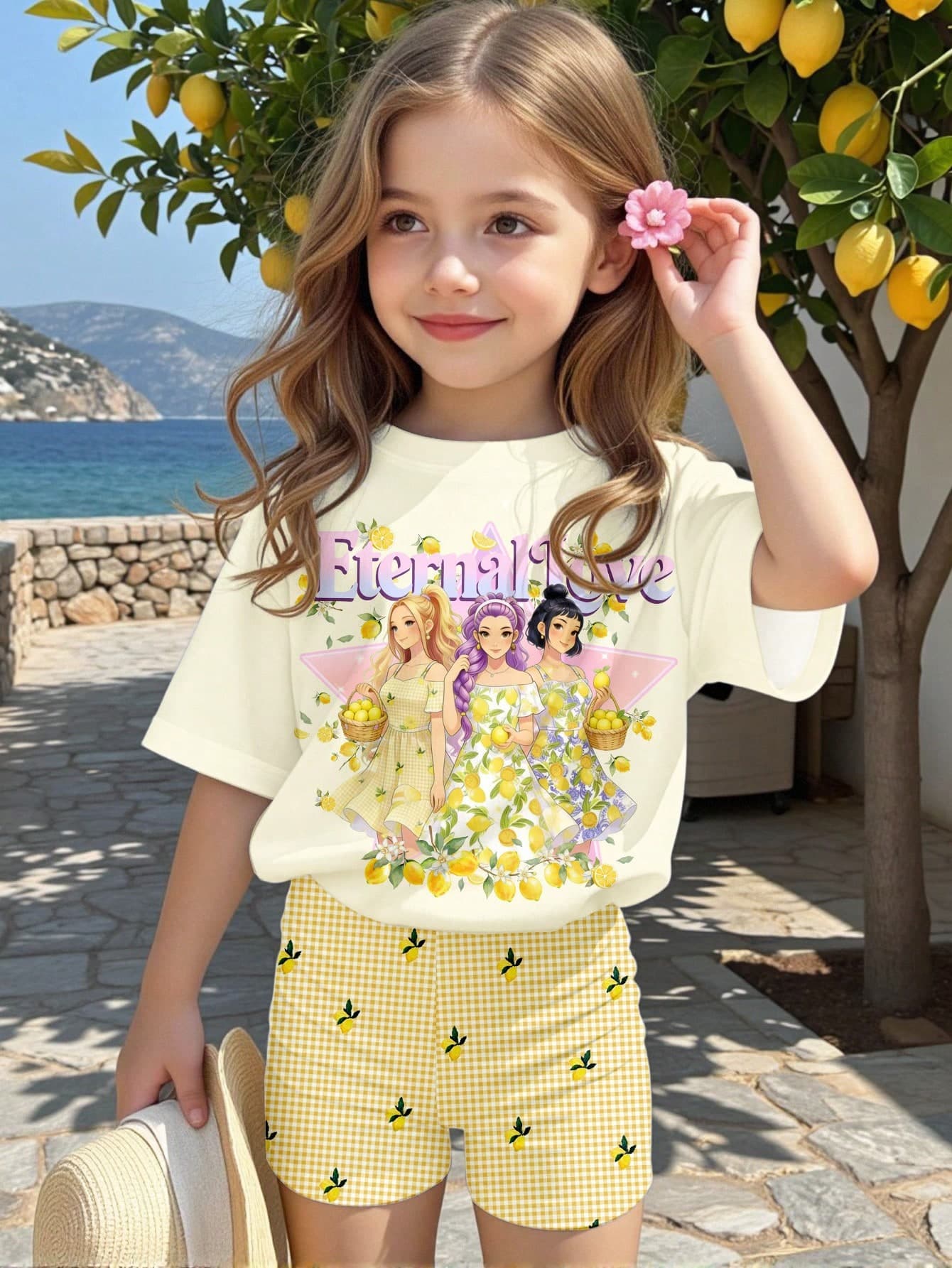 Lemon Yellow & Cute Sweet Vacation Style Girl Group Cartoon Girl Print, Pastoral Floral, Yellow & White Plaid, Young Girl Casual Minimalist Short Sleeve & Shorts 2-Piece Set Suitable For Summer, Outdoor Picnic, Outing, Street Photography, Home, Campus