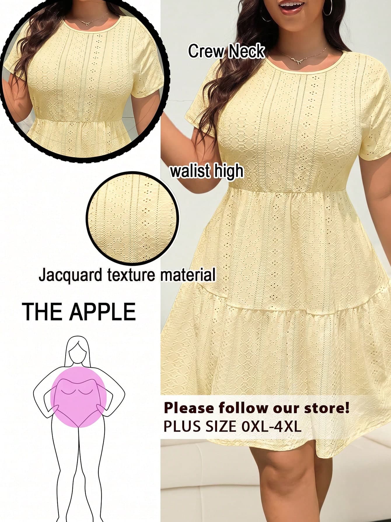 Solflare Plus Size Women's Ruffle Hem Jacquard Round Neck Short Sleeve Dress