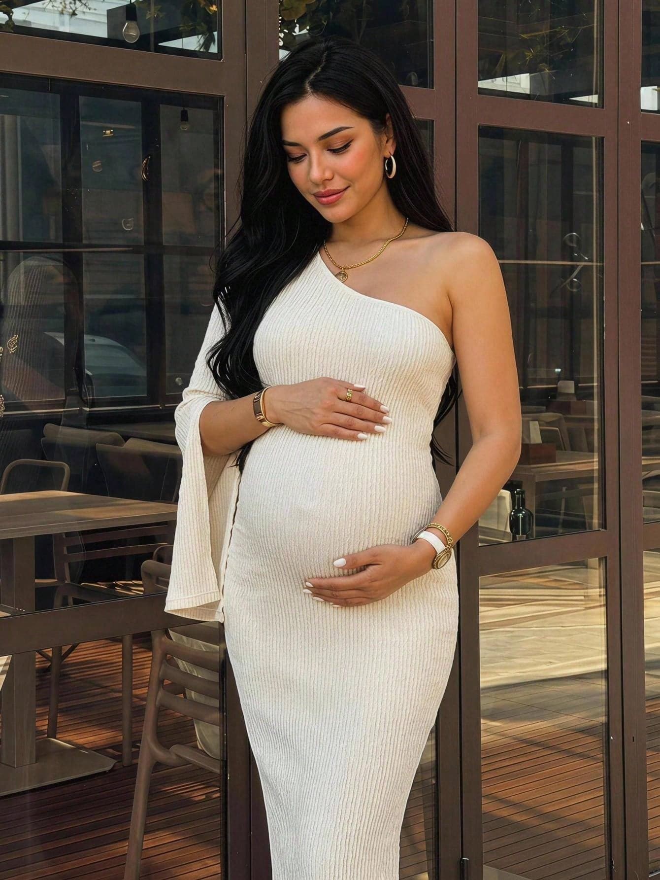 MaterniWear Maternity Solid Color One-Shoulder Long Sleeve Fitted Elegant Maternity Dress Gender Reveal Photoshoot White Autumn Fall