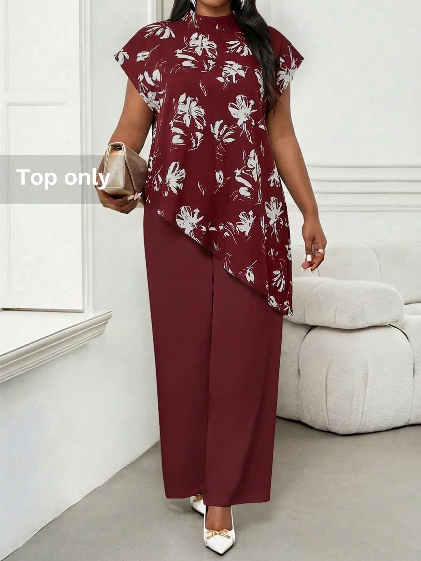 SHEIN Lady Plus Size Women's Elegant Floral Print Asymmetric Hem Top,Burgundy Autumn Wedding Classy Summer Top