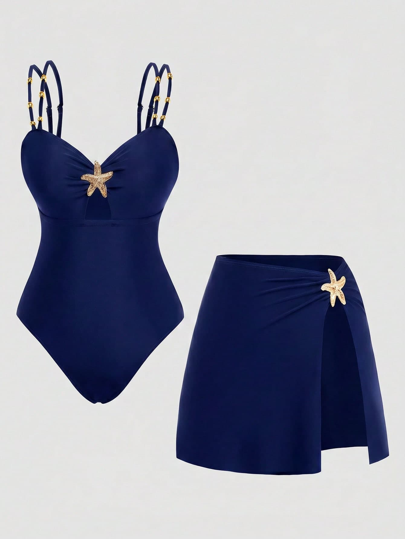 Swim Oasis Summer Beach Vacation Women's Elegant Plus Size One-Piece Swimsuit, Women's Elegant Swimsuit Two Pieces Set, Beaded Elegant Decor Double Shoulder Strap Tummy Control Slimming One-Piece Swimsuit + Versatile Vacation Split Skirt, Brown Swimsuit, Vacation Starfish Swimsuit