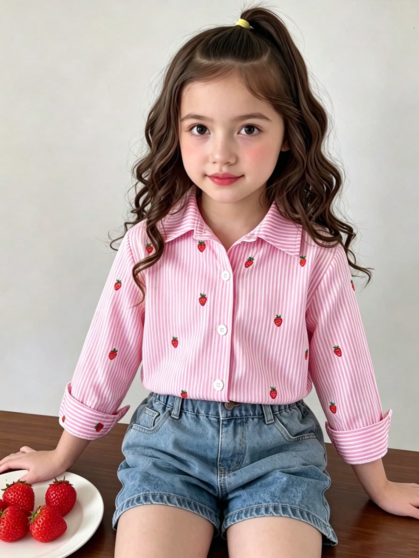SHEIN Genkimix Kids Girls' Spring/Summer Pink Striped Strawberry Shirt, Simple & Playful, Fashionable & Versatile, Suitable For Daily Wear And Outings