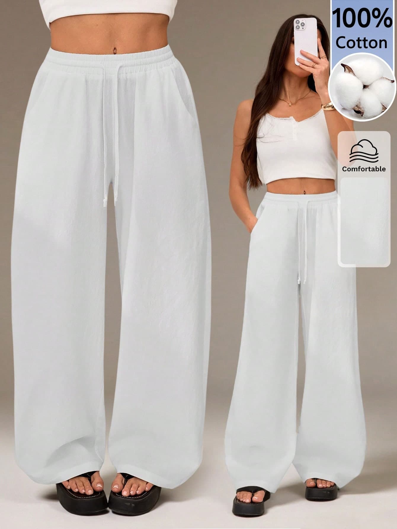 SHEIN Tall Women's Summer Country Concert Going Out Beach Boho Basic Minimalist Washed 100%Cotton White Pants Curved Hem Pants Wide Leg Sweatpants Beach Pants, Tall Women
