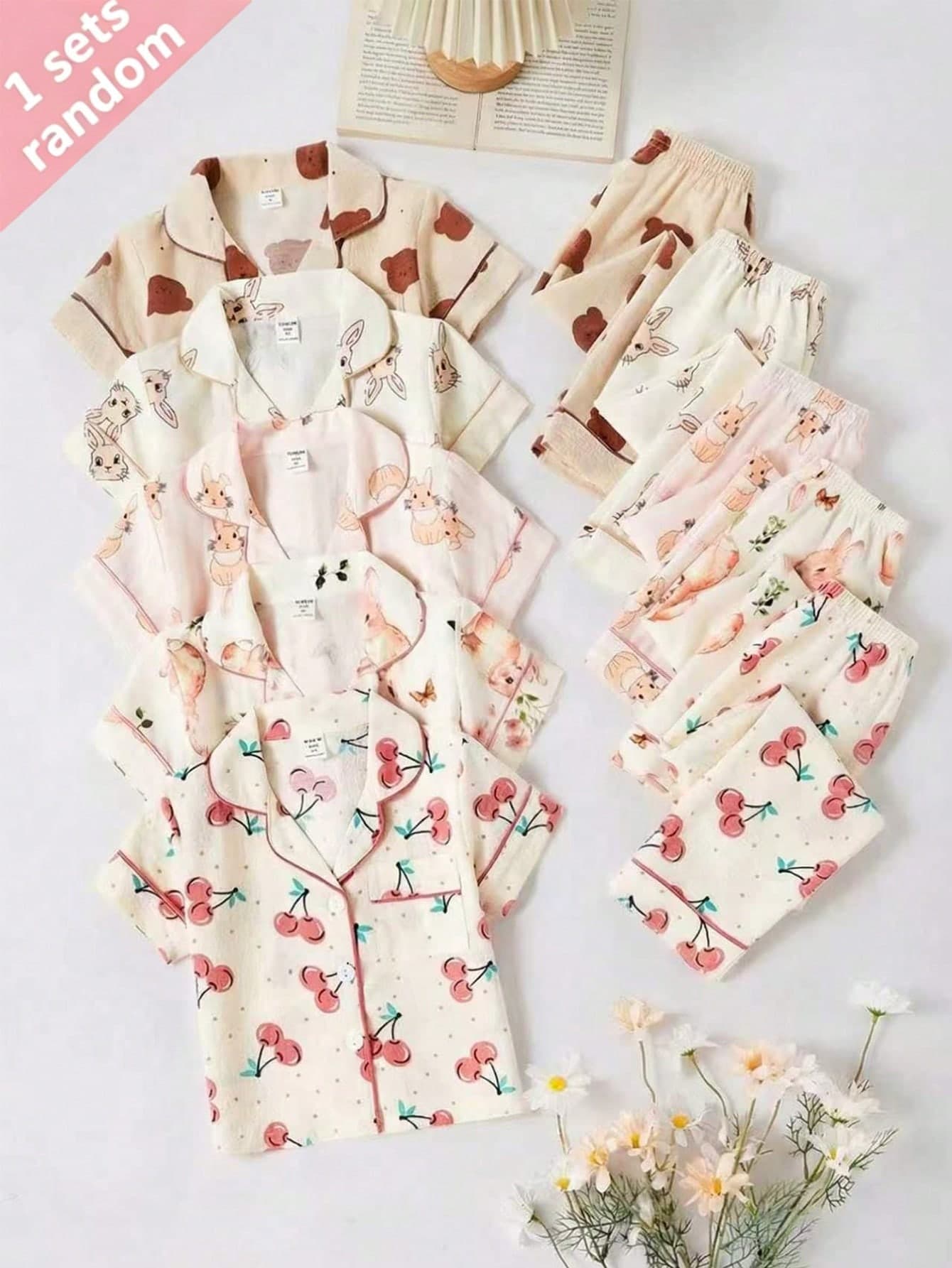 SHEIN (Randomly Sent 1 Set) Girls Toddler Cute Rabbit Print Short Sleeve Cardigan And Long Pants 2 Pieces Set Casual Comfortable Loose Loungewear Randomly Sent 1 Short Sleeve + 1 Long Pants