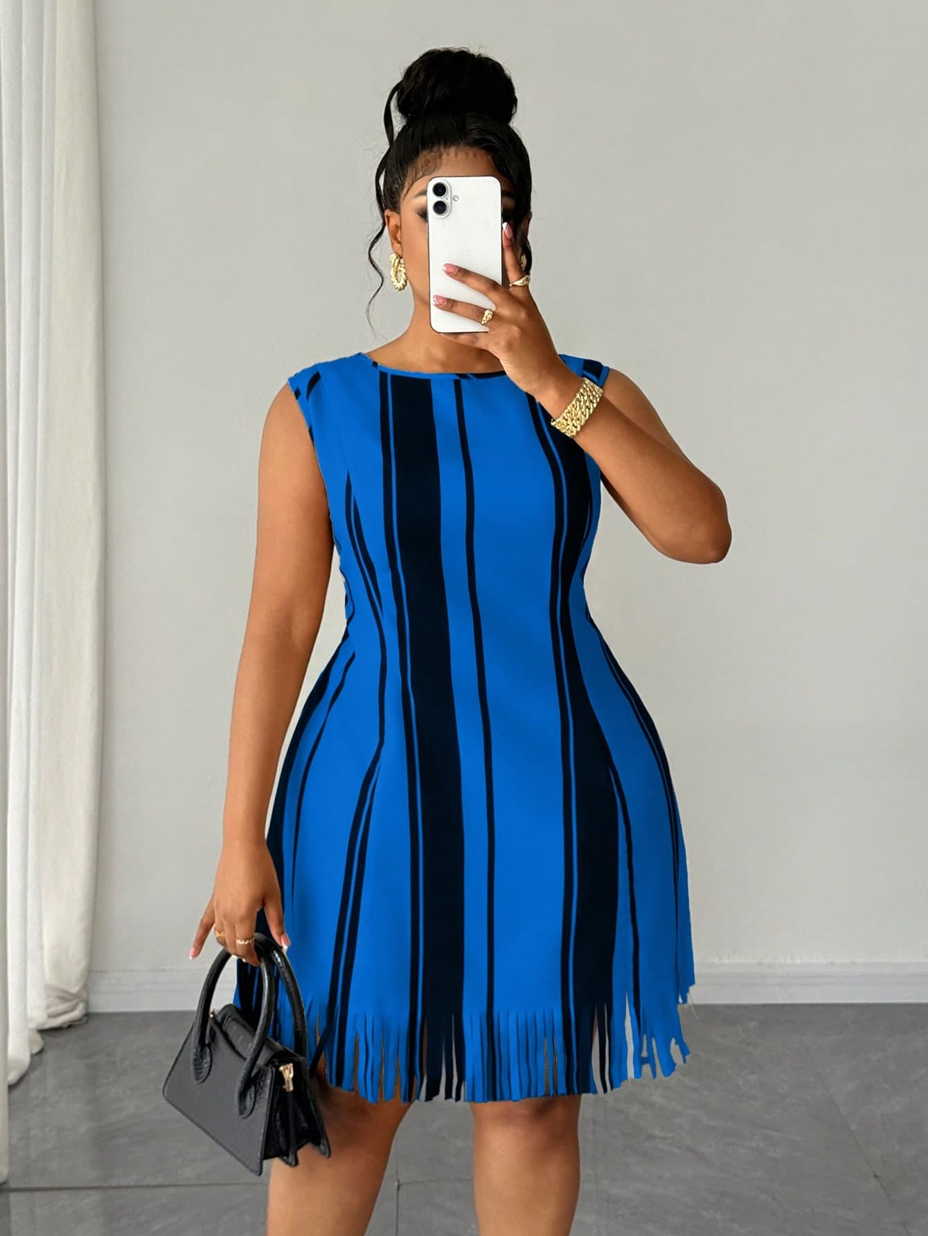 Maweii Plus Size Women's Summer Striped Print Fabric Round Neck Sleeveless Cinched Waist Design Fashion Tassel A-Line Short Dress