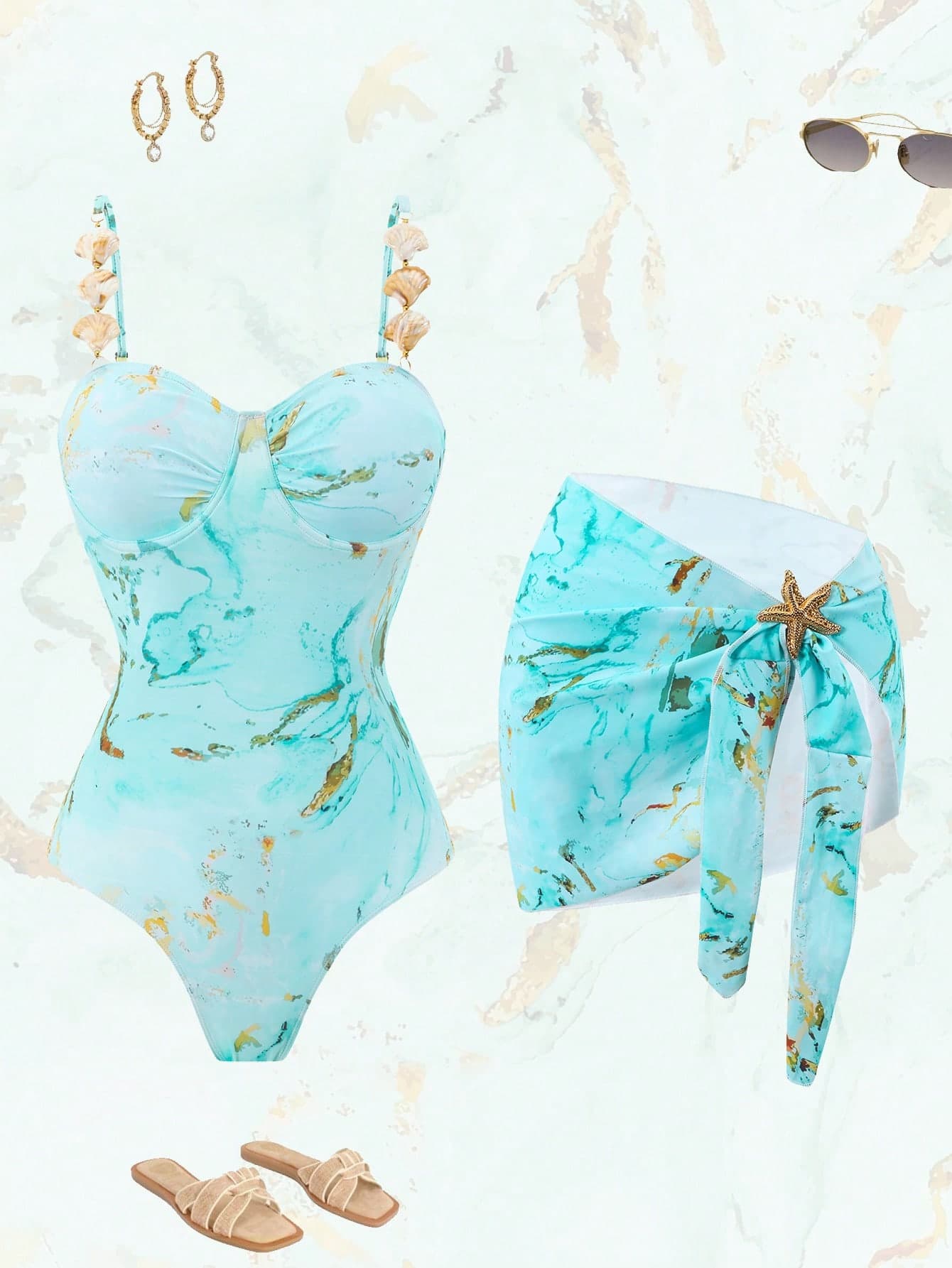 Swim SPRTY 2026 New Women's Plus Size Summer Fashion One-Piece Swimsuit With Skirt Set, Fashionable Print Starfish & Shell Embellishments, Underwire Push-Up Support, Casual Beach Vacation 2-Piece Swimsuit + Skirt