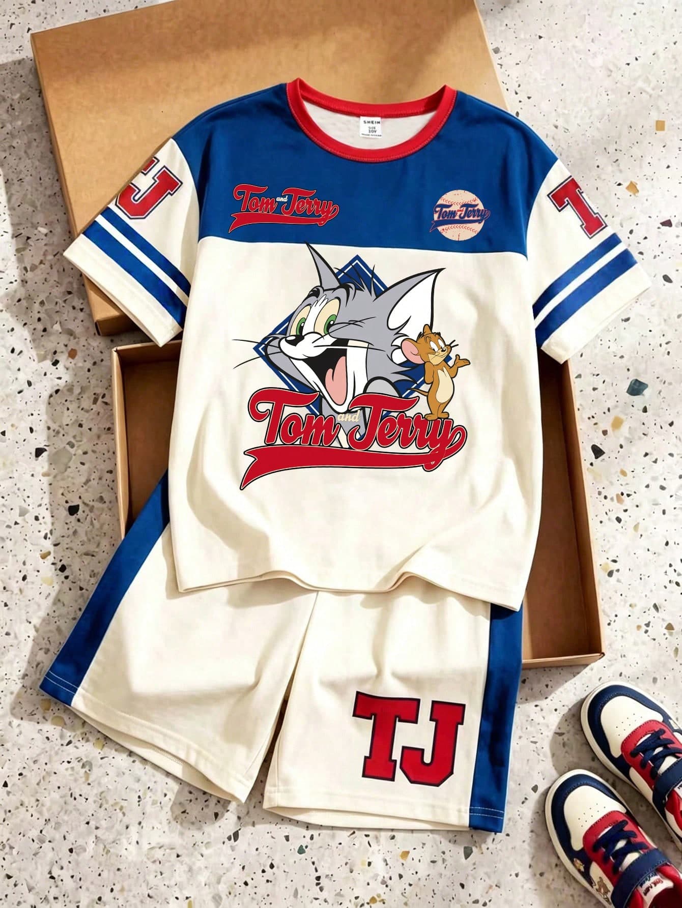 TOM & JERRY X SHEIN GraphicGems Tween Boy Cartoon Print Crew Neck Short Sleeve T-Shirt And Shorts 2-Piece Casual Set