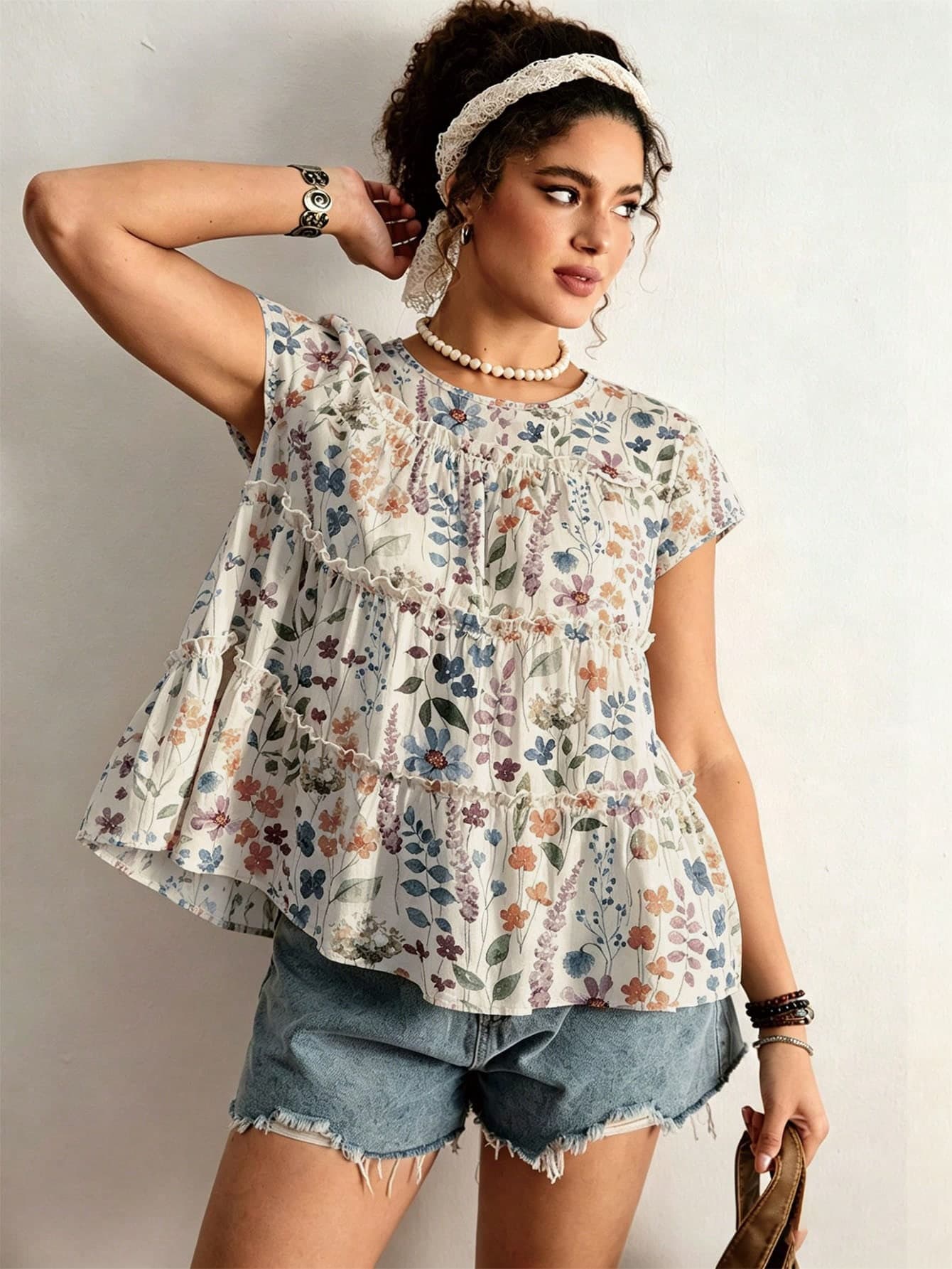 Freevana Plus Size Women's Sleeveless Layered Patchwork Blouse Vacation Beige Summer Elegant
