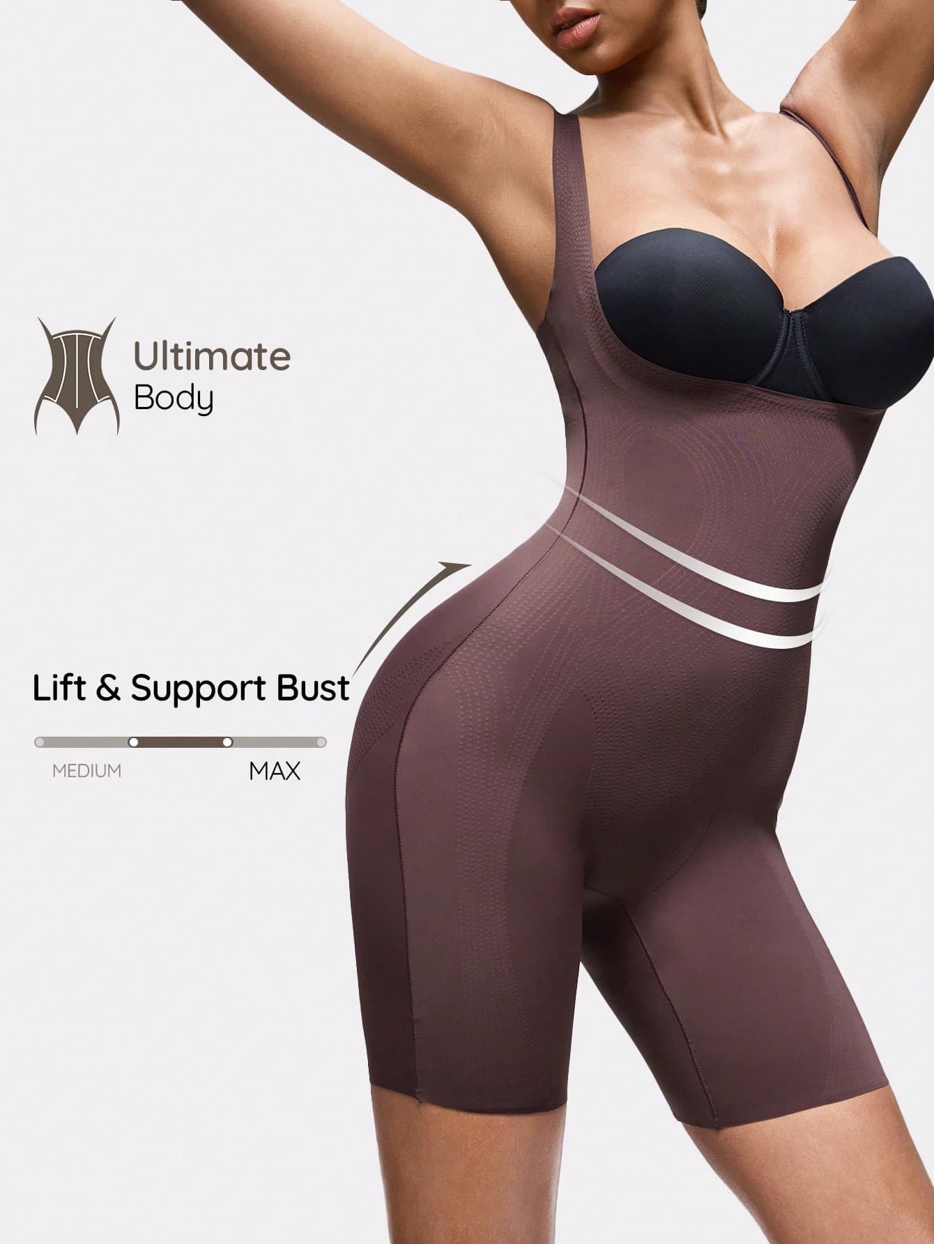 SHAPORA 1pc Women's Comfortable Minimalist Jumpsuit Shapewear, Coffee Brown