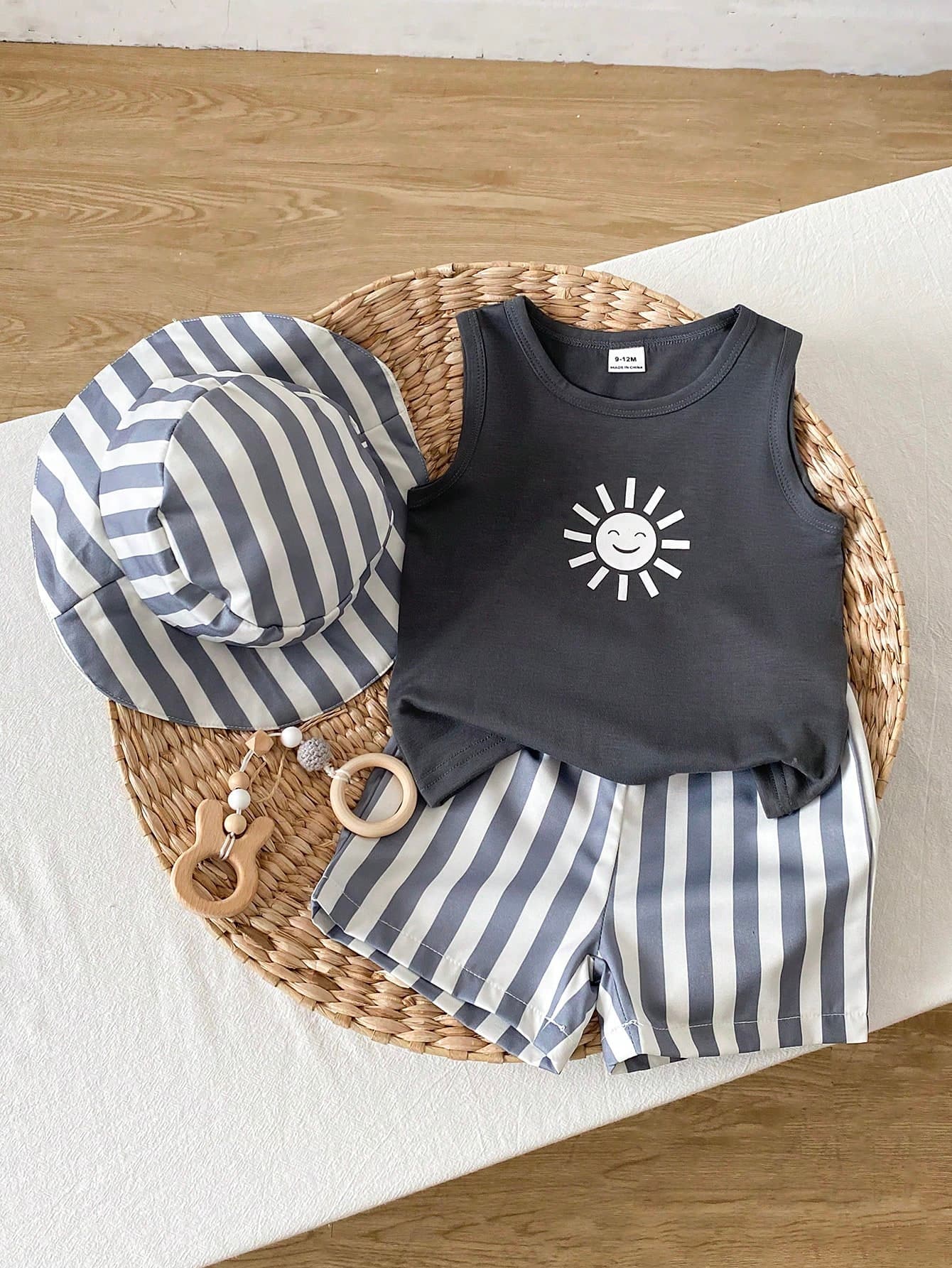 SHEIN Playful Pals Baby Boys Tank Top Co-Ords 3-Piece Summer Graphic Print Vest And Striped Shorts Casual Vacation Outfits