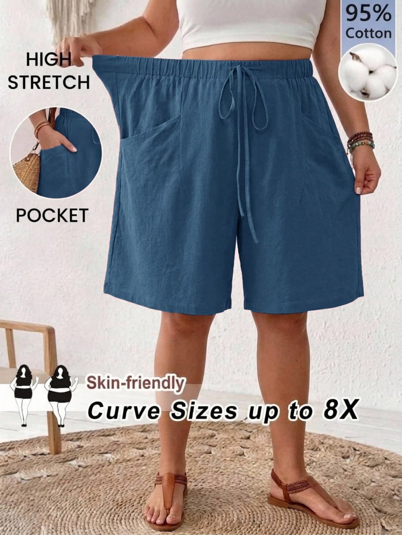 SHEIN CURVE+ Plus Size Women Solid Color Waist Tie Pocket Loose Casual Shorts