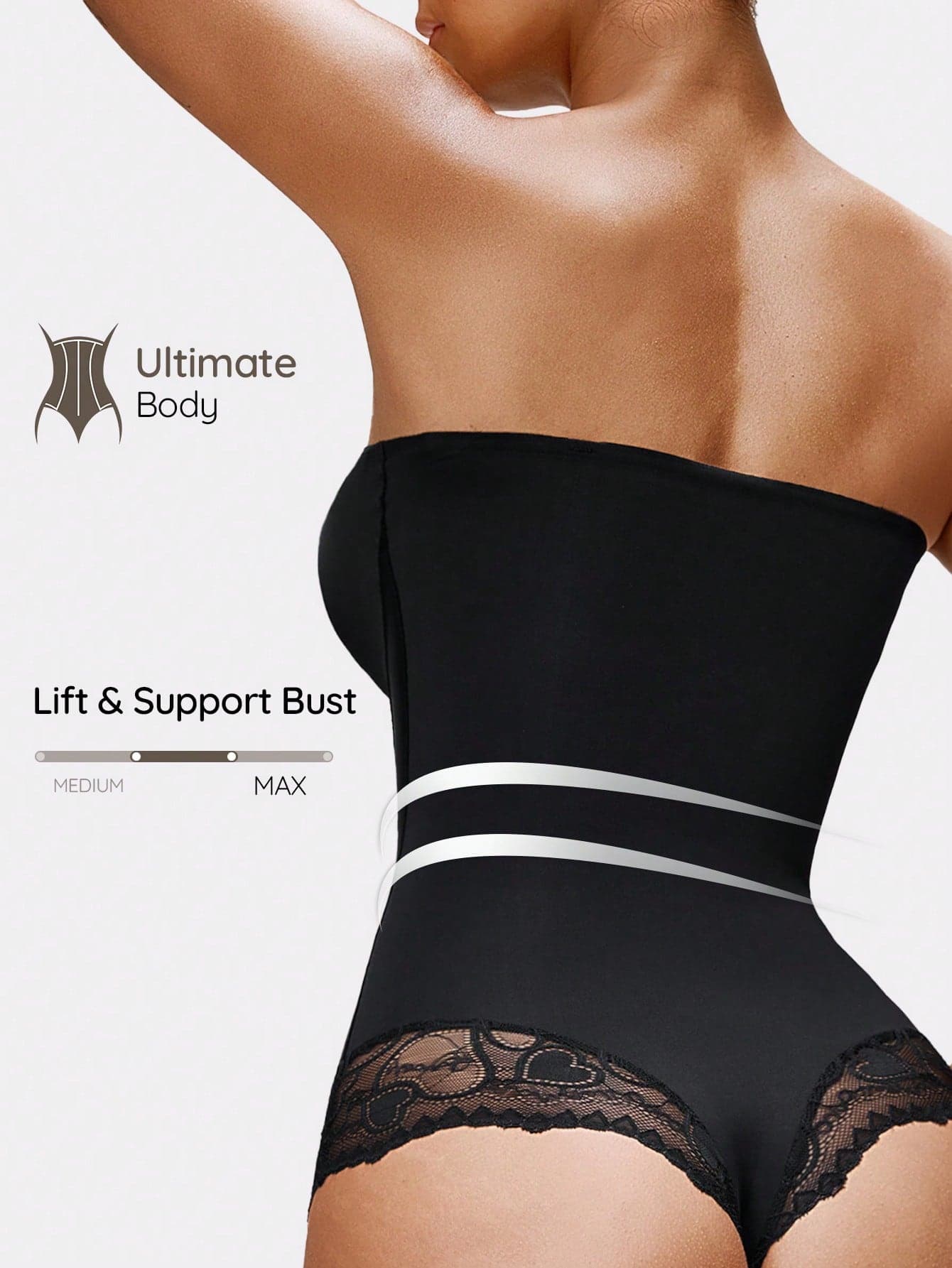 SHAPORA 1pc Women Seamless Shapewear Bodysuit, Strapless, Waist & Abdomen Slimming, Sexy Mesh Lace Trim Body Shaper