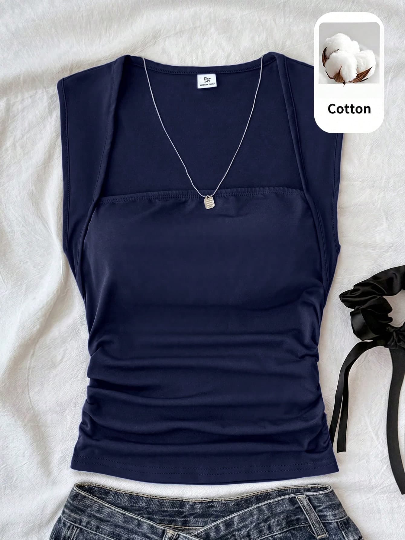 SHEIN Teen Girl Solid Color Pleated Fitted Versatile Daily Outing Top