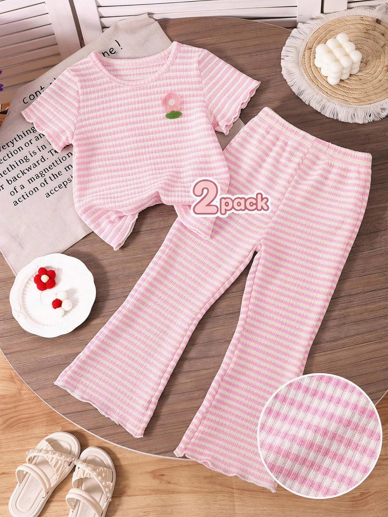 Genkimix Kids 2pc Baby Girl Kids Cute Pink Striped Rib Knit Soft Thin Short Flare Leg Set Suit Top Pant Play Sun Day Summer Spring Fall Gift New Chic Kid Fun Child