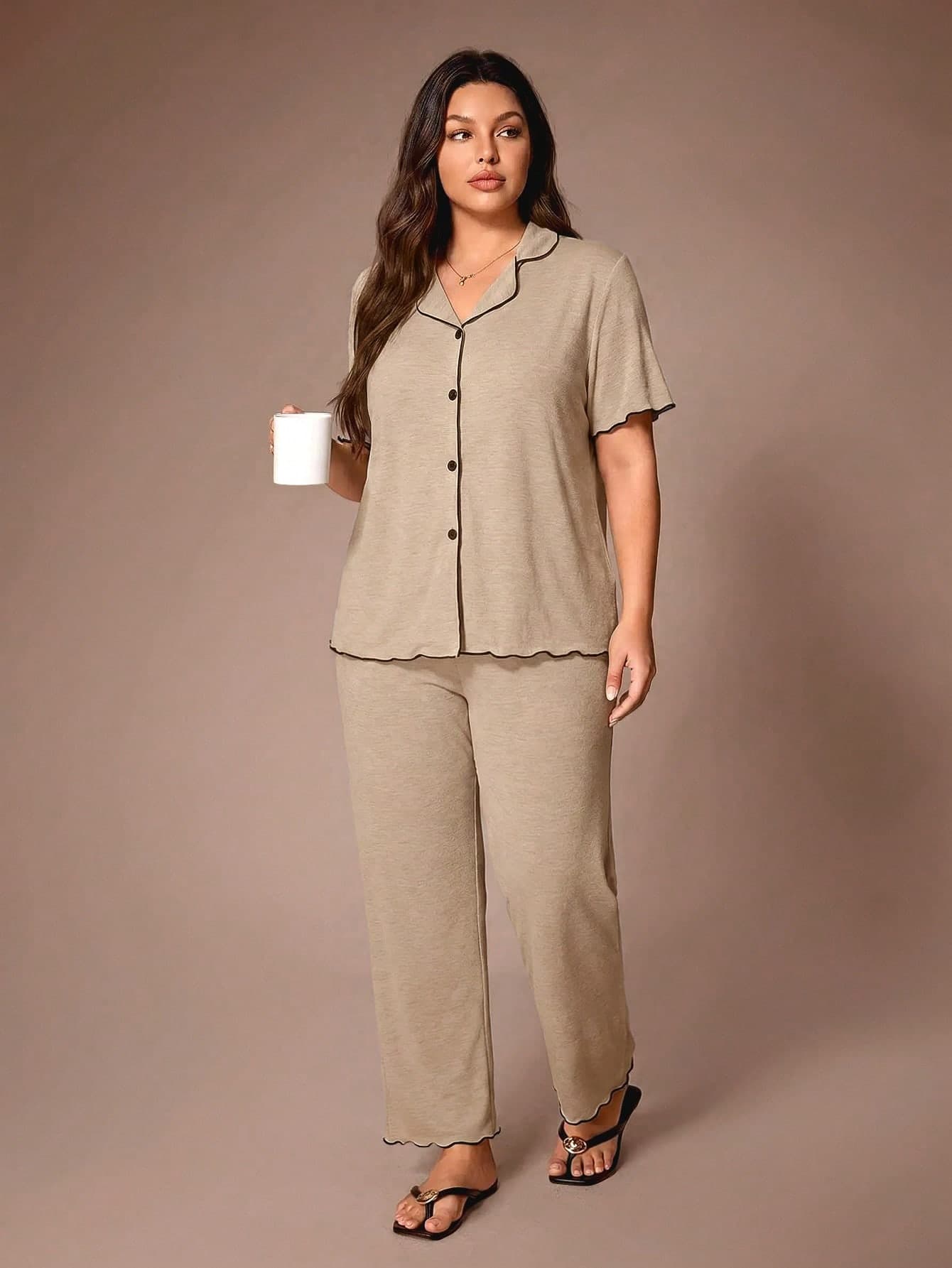Lazeform Plus Size Casual Loose Flounced Short Sleeve Top And Pants Set, Soft Draping Lightweight Khaki Knit Fabric, Summer, Outfits