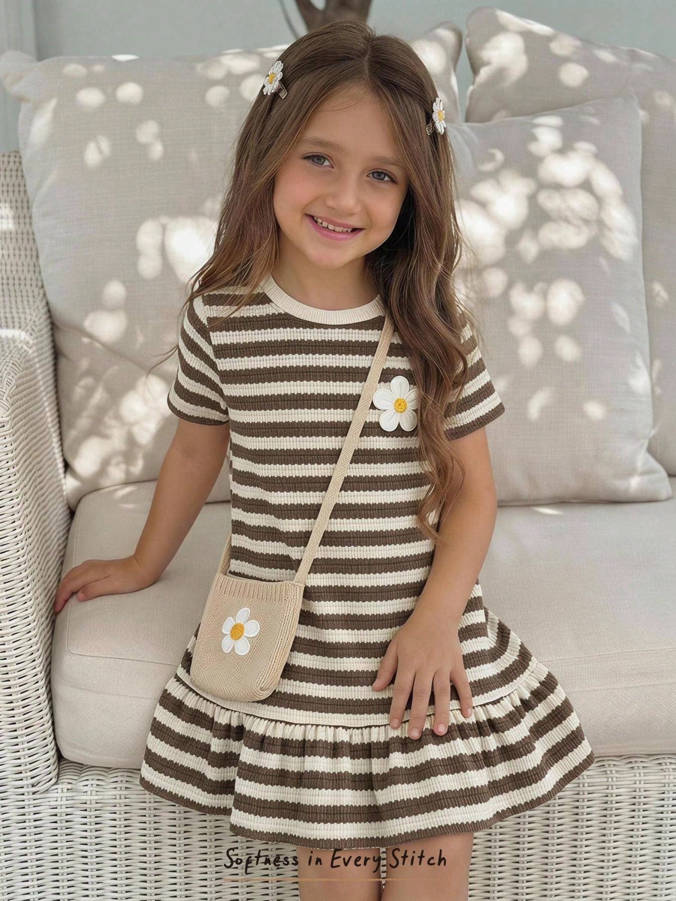 Emery Rose Kids Emery Rose Kids Young Girl Round Neck Striped Patchwork 3D Floral Decor Casual Vacation Travel Dress