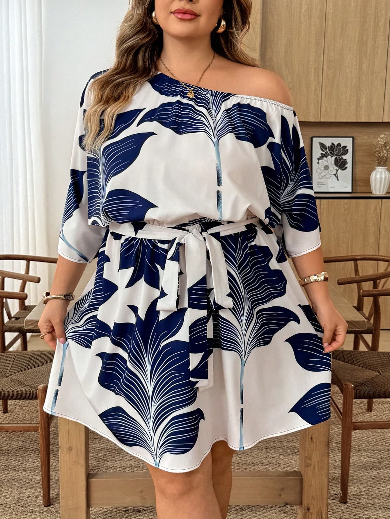 SHEIN CURVE+ Plus Size Women's Casual Elegant Asymmetric Shoulder Cinched Waist Floral Print Short Dress, Autumn Brunch Vacation Navy Blue Fall Beach Vacation