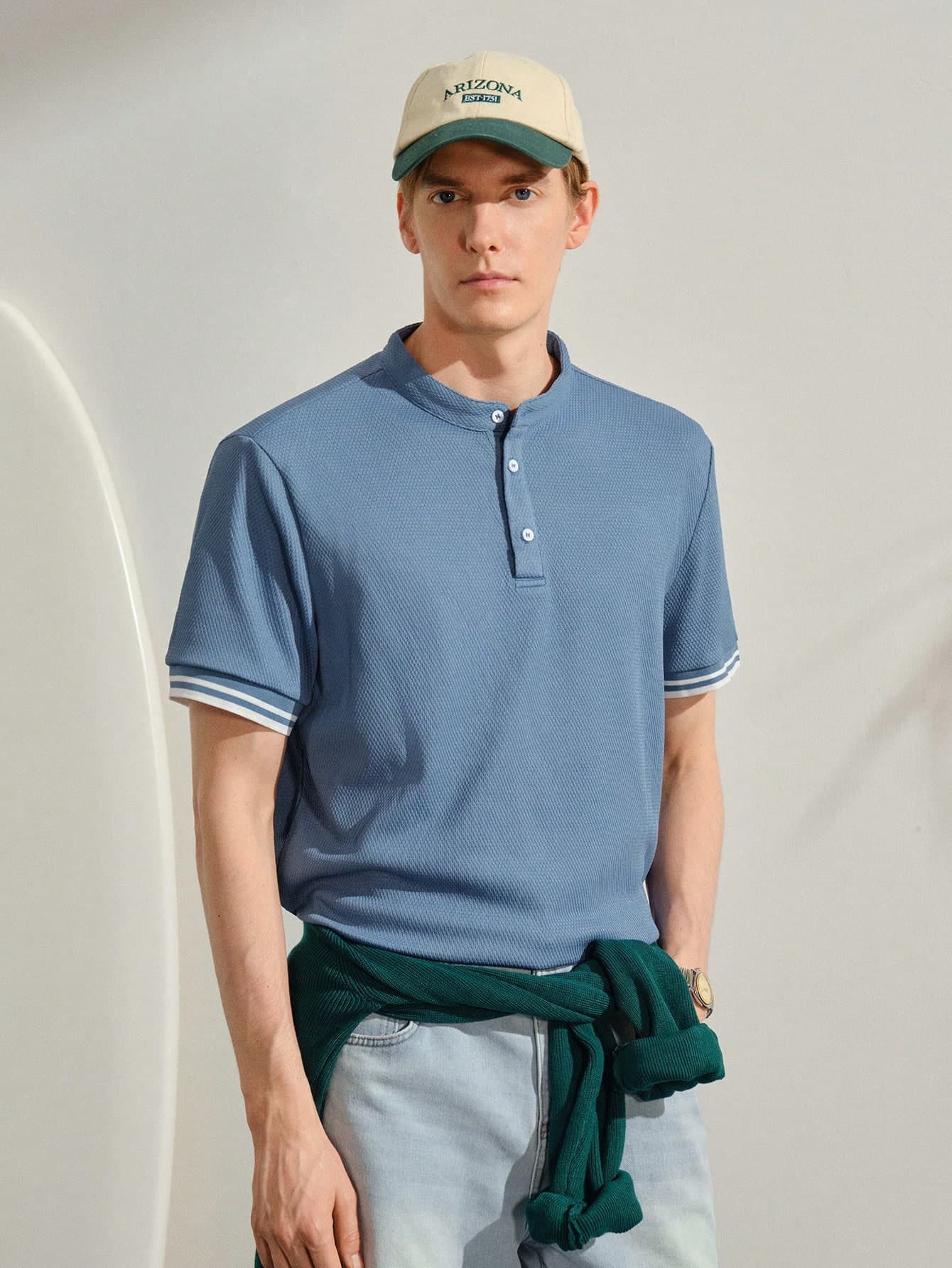 VeloEdit Men's Dusty Blue Waffle Knit Mandarin Collar Polo Shirt - Breathable Cotton Blend, Regular Fit For Business Casual & Golf/Mandarin Smart &